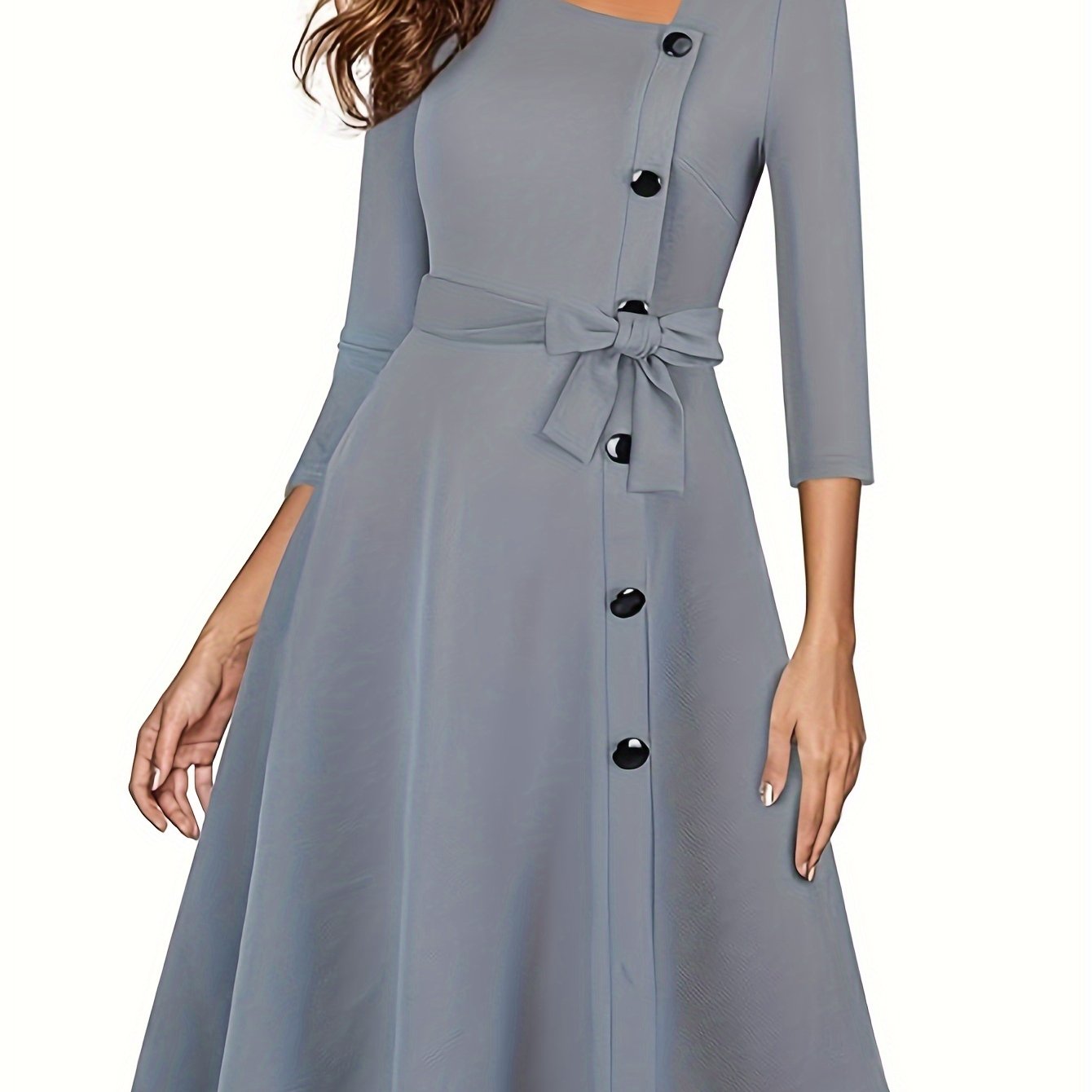 vlovelaw Asymmetrical Neck Solid Dress, Elegant 3/4 Sleeve Mini Dress, Women's Clothing