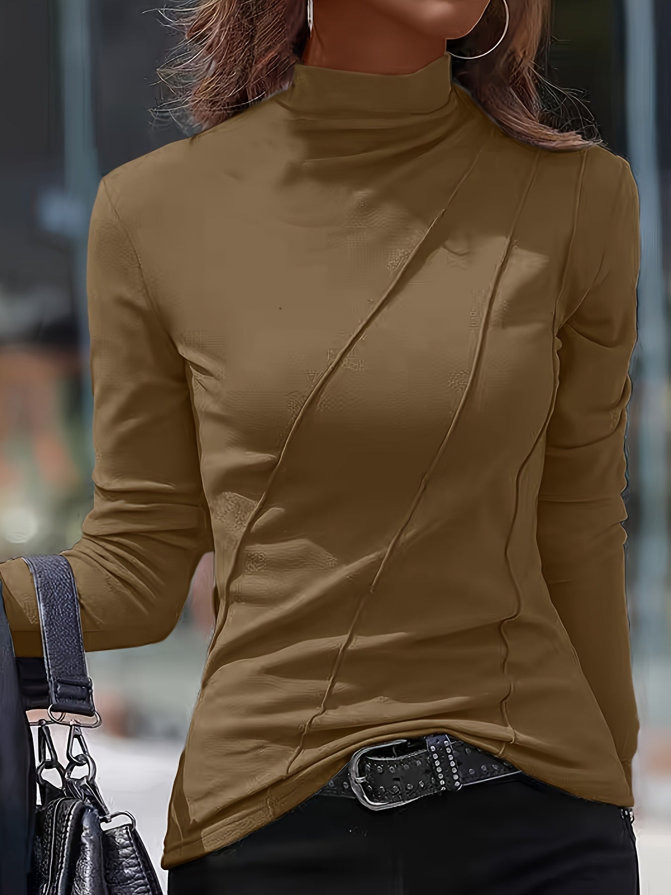 High Neck Slim Fit Polyester Turtleneck Top - Soft, Stretchy, and Breathable for All Seasons - Machine Washable, Casual Long Sleeve Shirt for Women