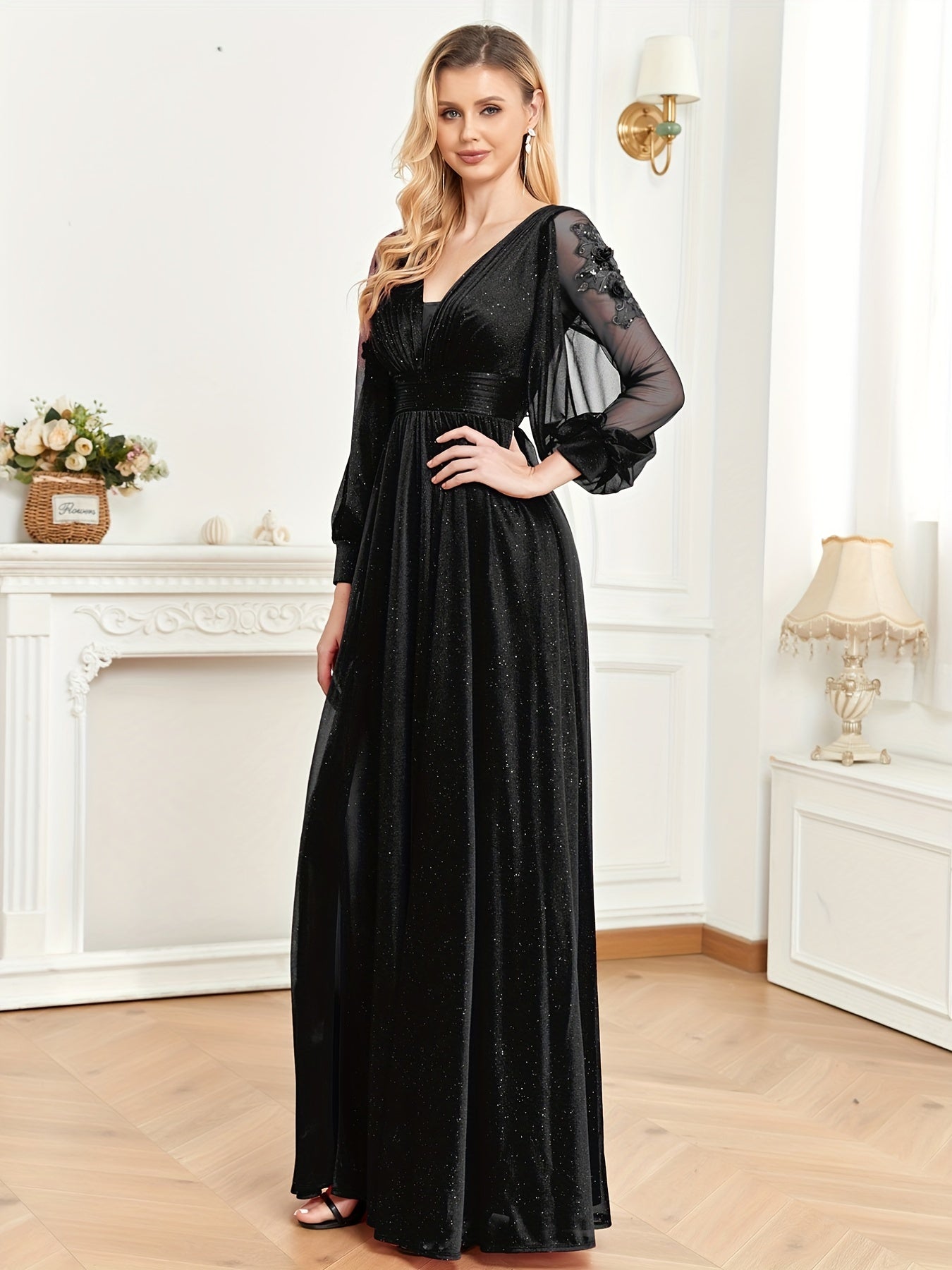 Split Hem Applique Bridesmaid Dress, Elegant Long Sleeve V-neck Dress For Wedding Party, Women's Clothing