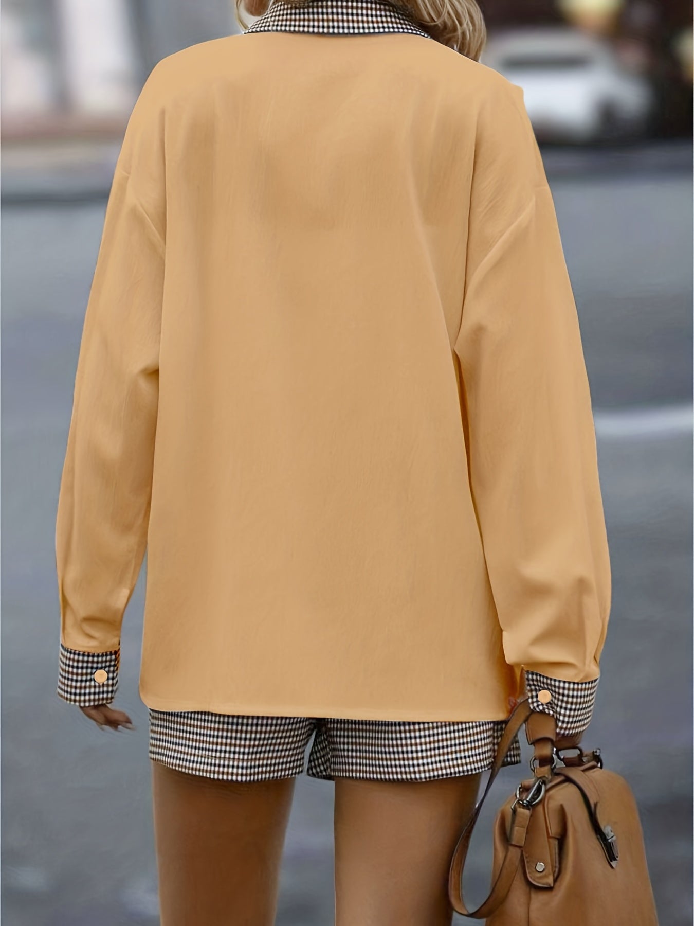 vlovelaw Casual Plaid Two-piece Shorts Set, Drop Shoulder Shirt & High Waist Shorts Outfits, Women's Clothing