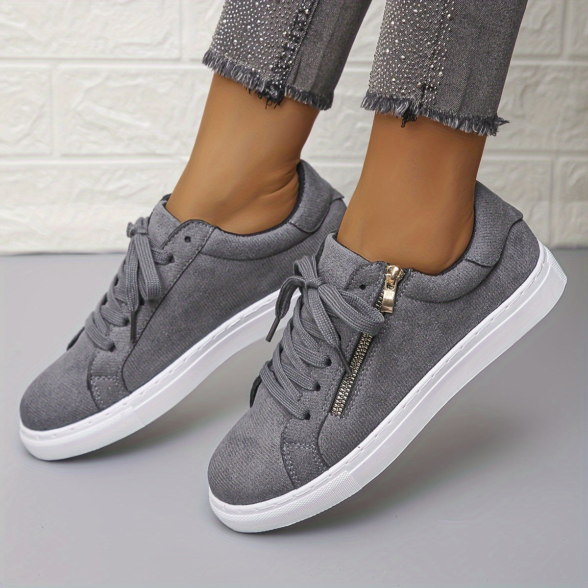 vlovelaw Women's Side Zipper Design Sneakers, Casual Lace Up Outdoor Shoes, Comfortable Low Top Shoes