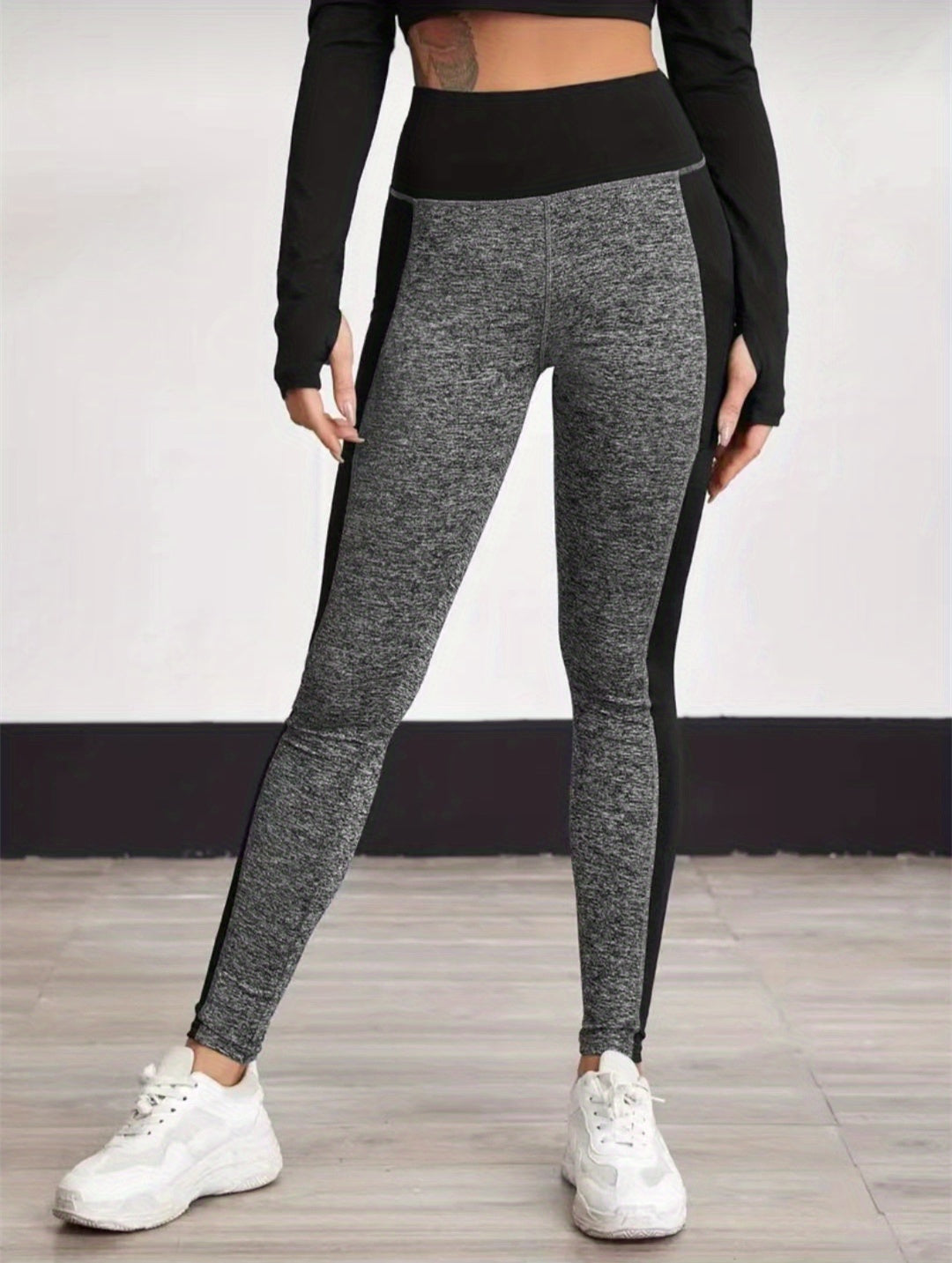 vlovelaw Color Block Yoga Leggings With Pocket, High Waist Fitness Running Workout Sports Pants, Women's Activewear