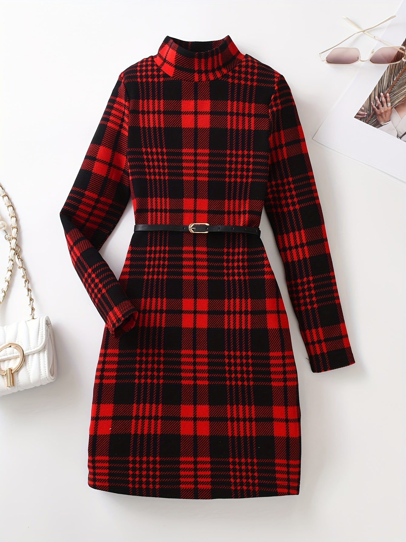 Vintage Girls' Plaid Turtleneck Long Sleeve Dress Kids Clothes For Fall Party