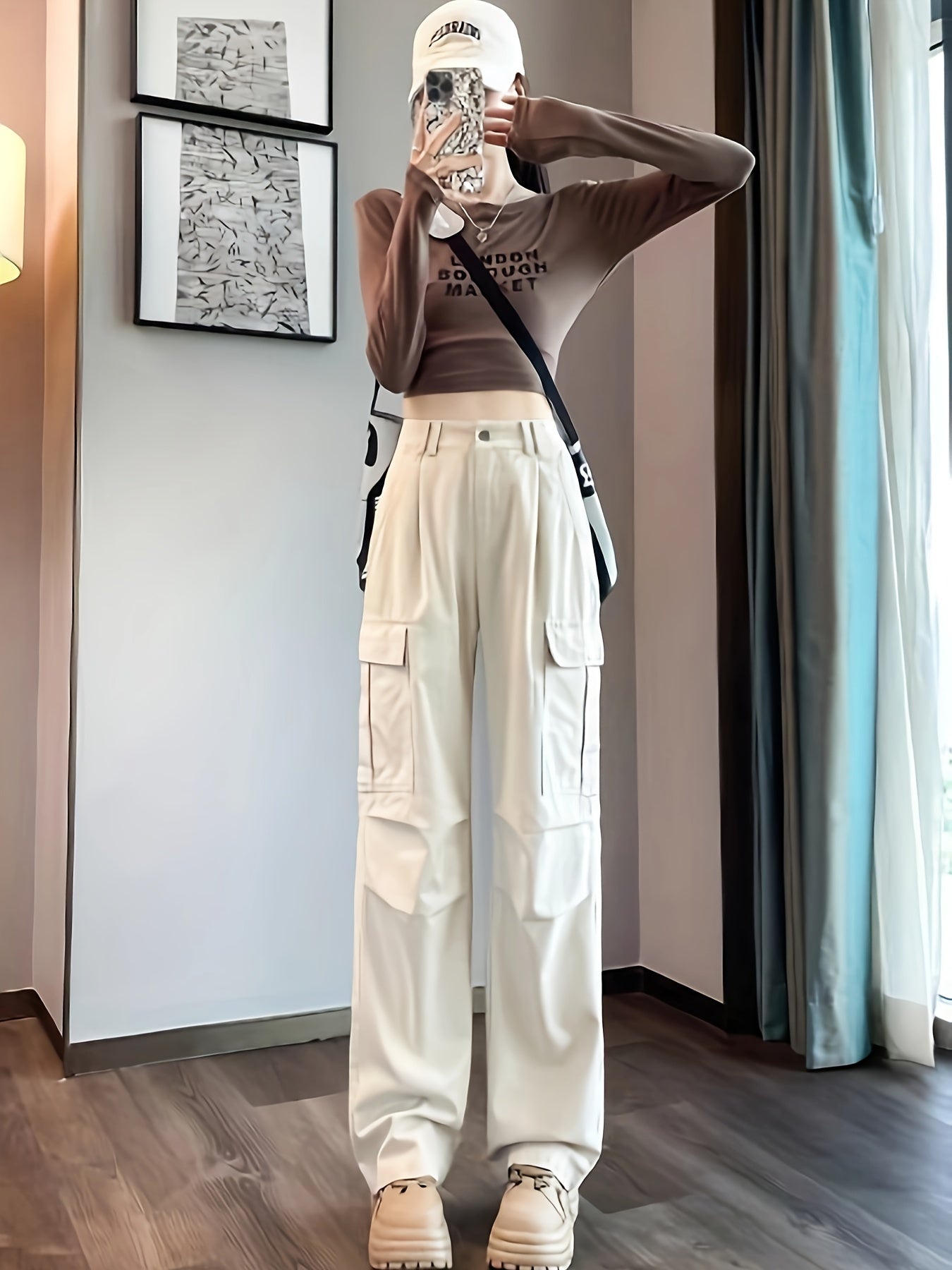 vlovelaw Solid Straight Leg Cargo Pants, Y2K Flap Pocket High Waist Loose Pants, Women's Clothing
