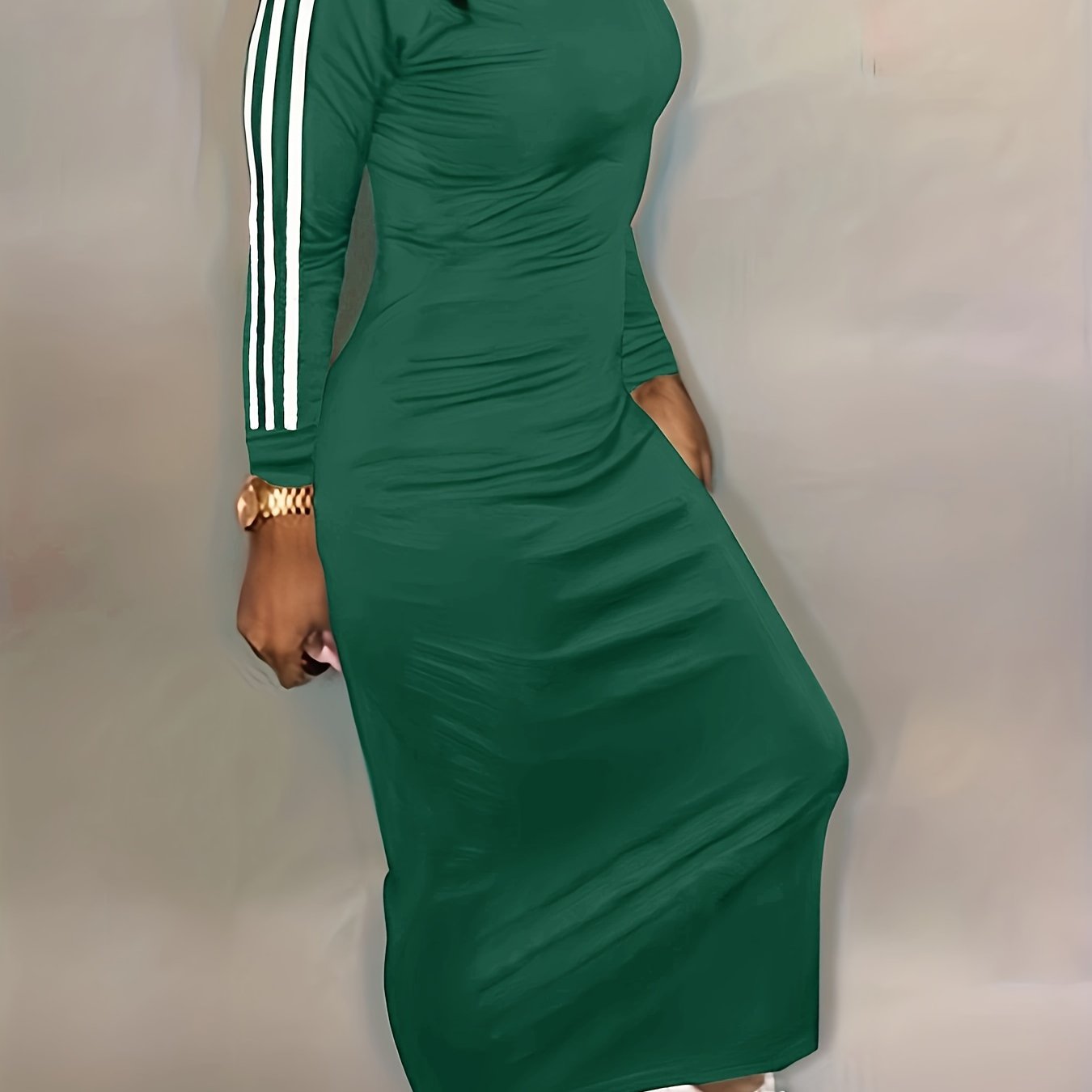 vlovelaw Striped Print Bodycon Dress, Casual Long Sleeve Maxi Dress, Women's Clothing