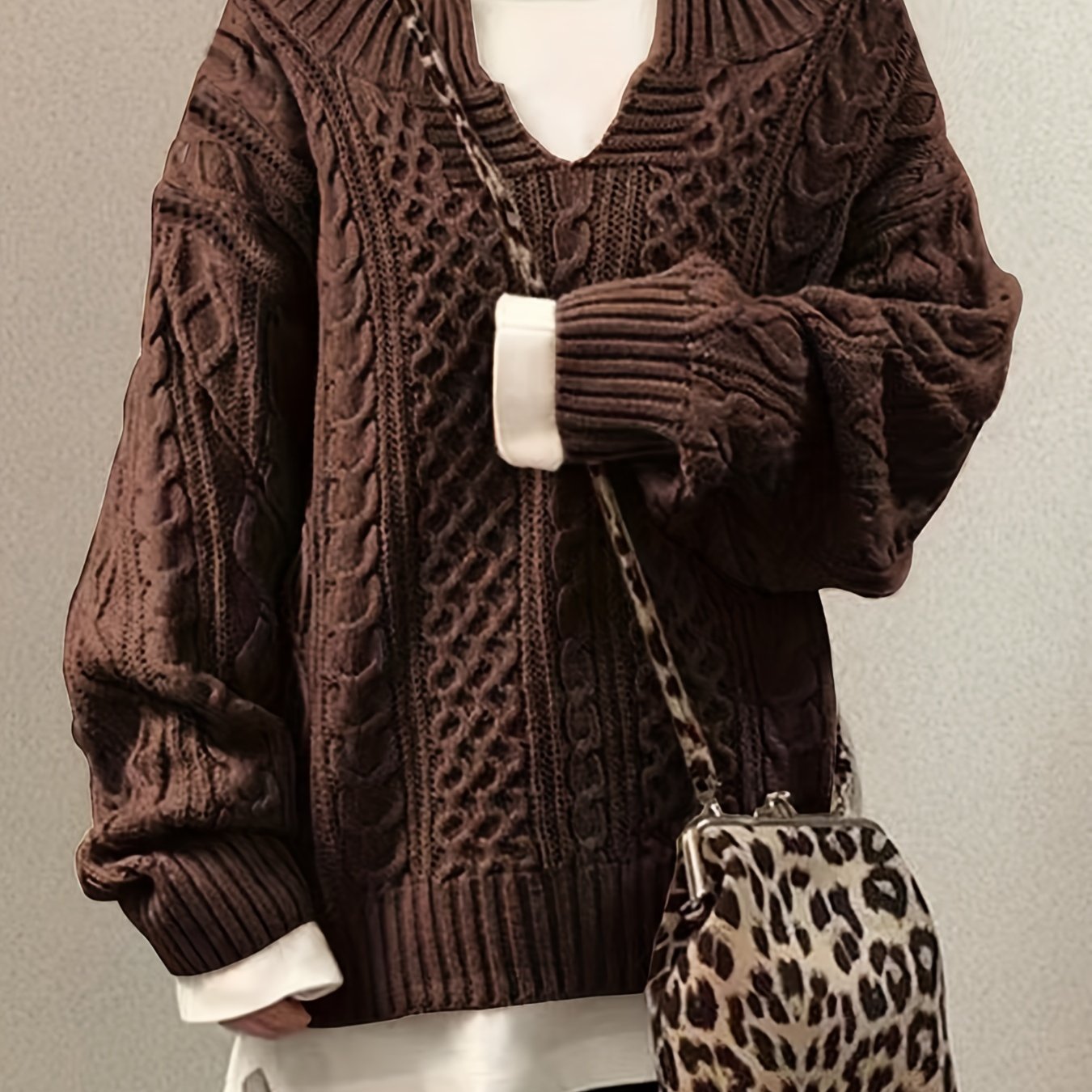 vlovelaw Solid Notched Neck Pullover Sweater, Casual Long Sleeve Sweater For Fall & Winter, Women's Clothing