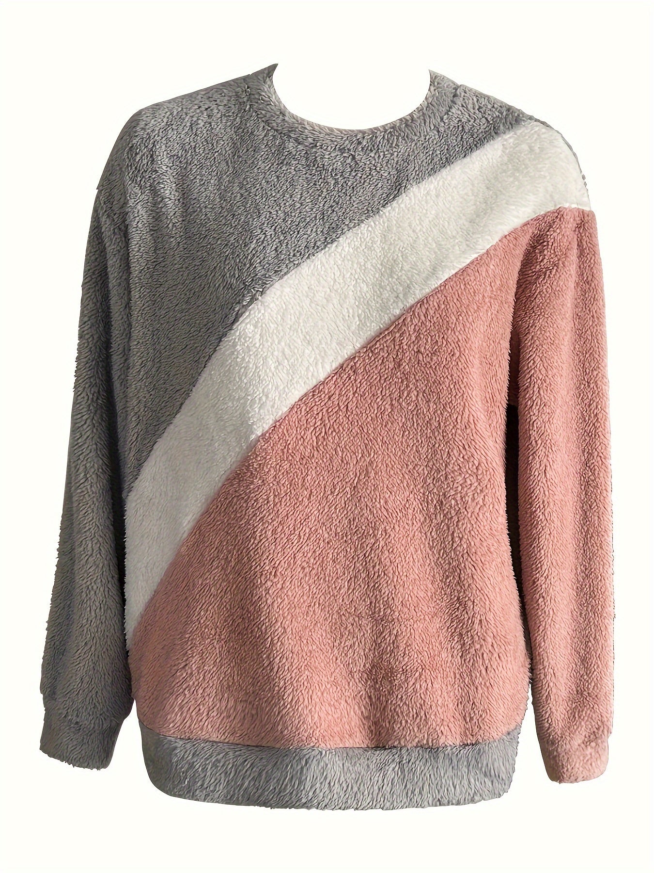vlovelaw Contrast Color Casual Pullover Sweatshirt, Long Sleeves Crew Neck Fluffy Sweatshirt, Women's Activewear