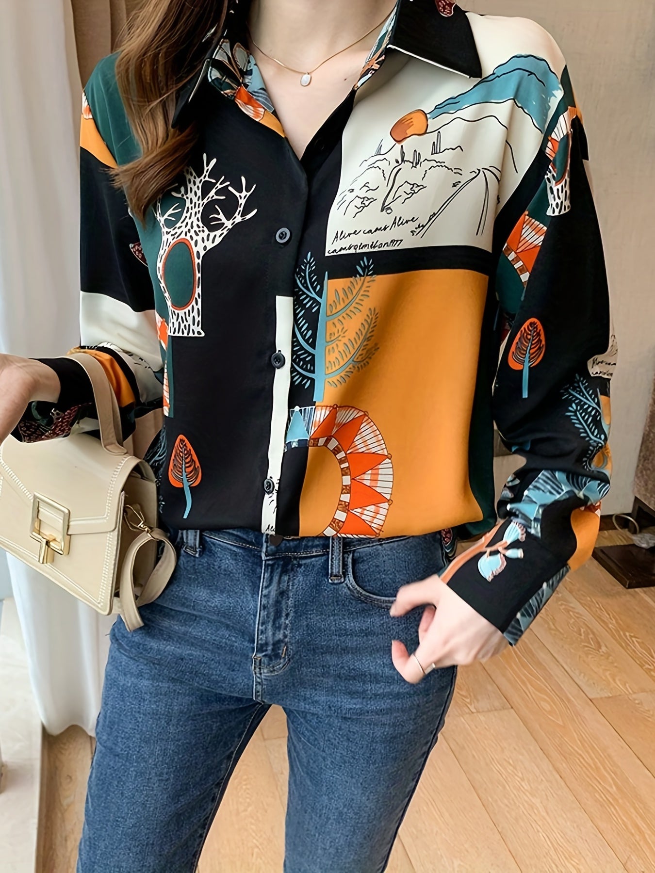 Color Block Button Front Shirt, Elegant Turn Down Collar Long Sleeve Shirt, Women's Clothing