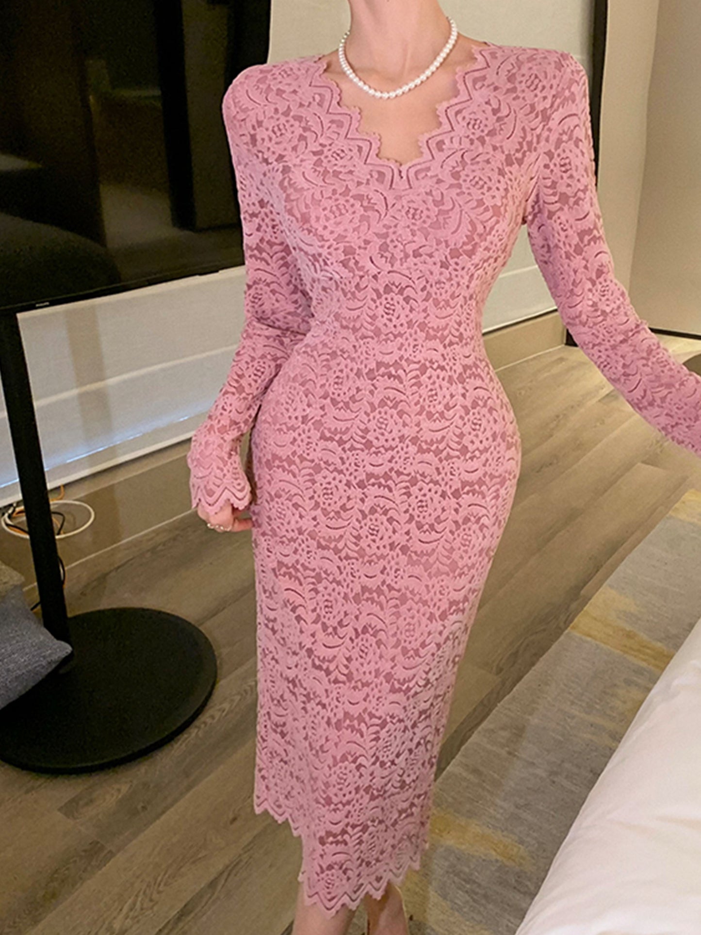 vlovelaw Solid V-neck Slim Dress, Elegant Long Sleeve Bodycon Dress For Spring & Fall, Women's Clothing