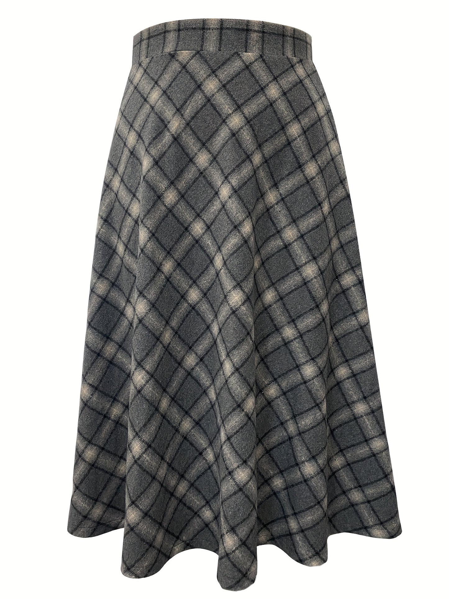 vlovelaw Plus Size Elegant Skirt, Women's Plus Plaid Print Elastic Woolen A-line All-match Skirt