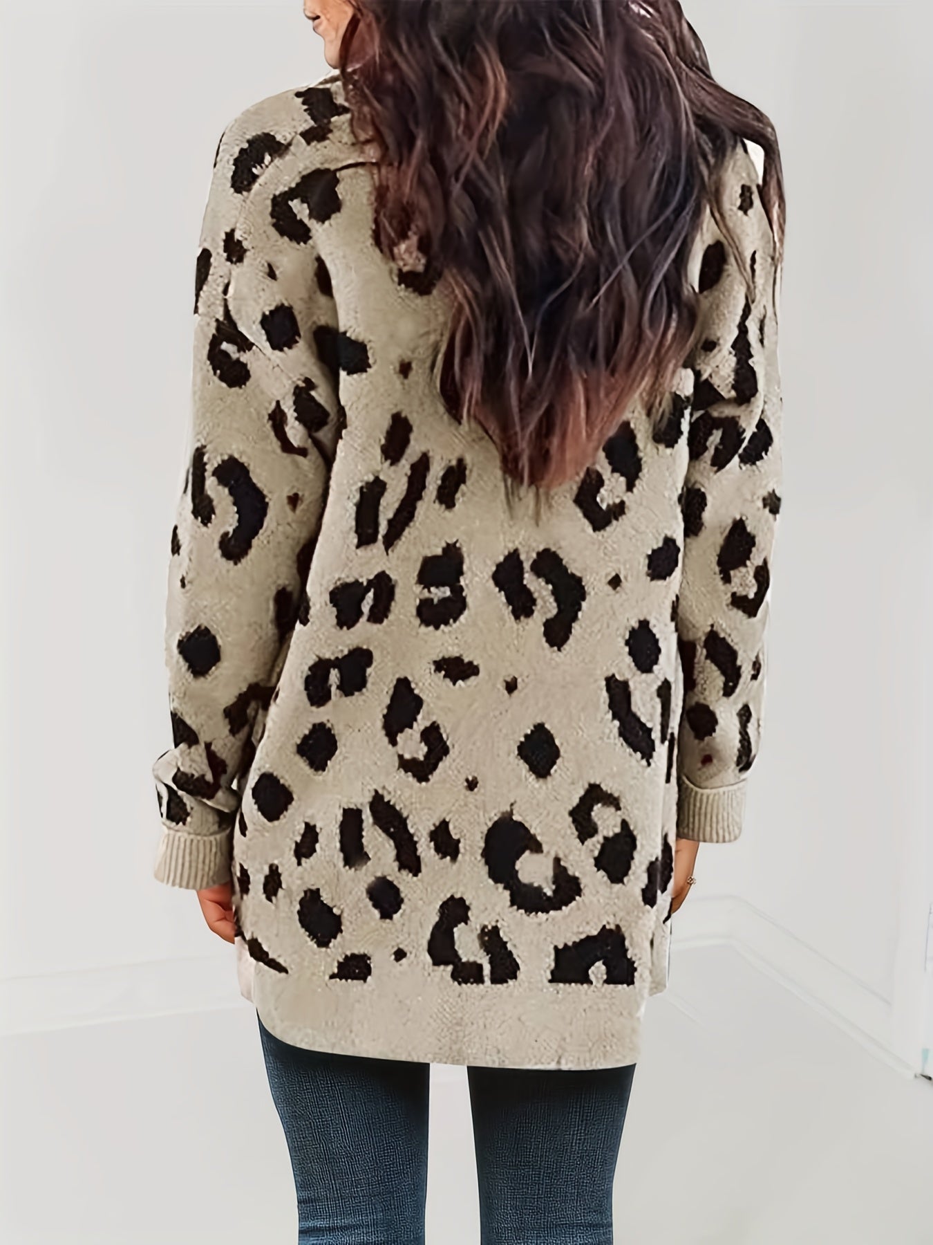 vlovelaw Leopard Pattern Open Front Cardigan, Casual Long Sleeve Cardigan For Fall & Winter, Women's Clothing