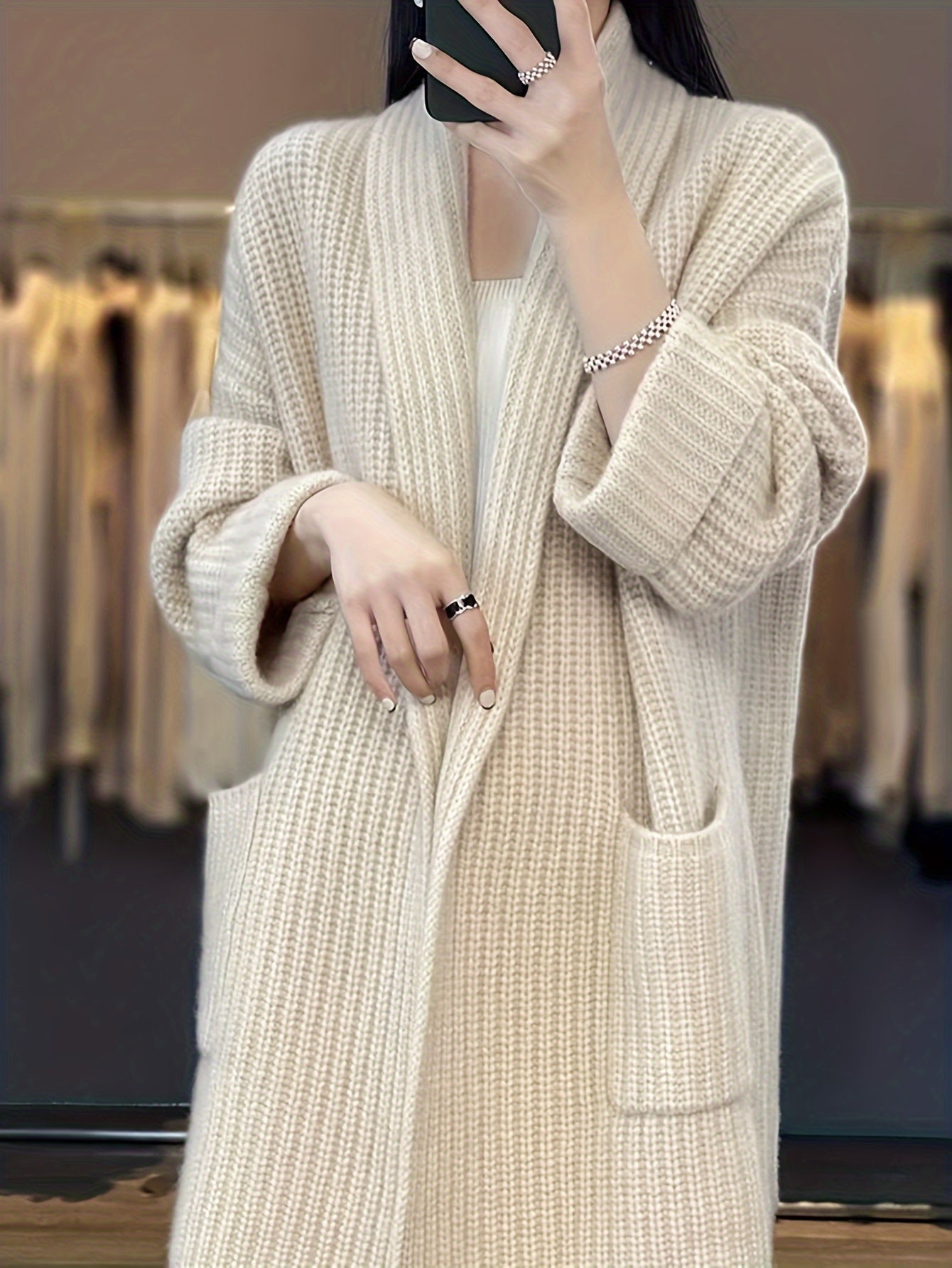 vlovelaw Solid Open Front Knit Cardigan, Casual Long Sleeve Oversized Sweater Coat With Pocket, Women's Clothing