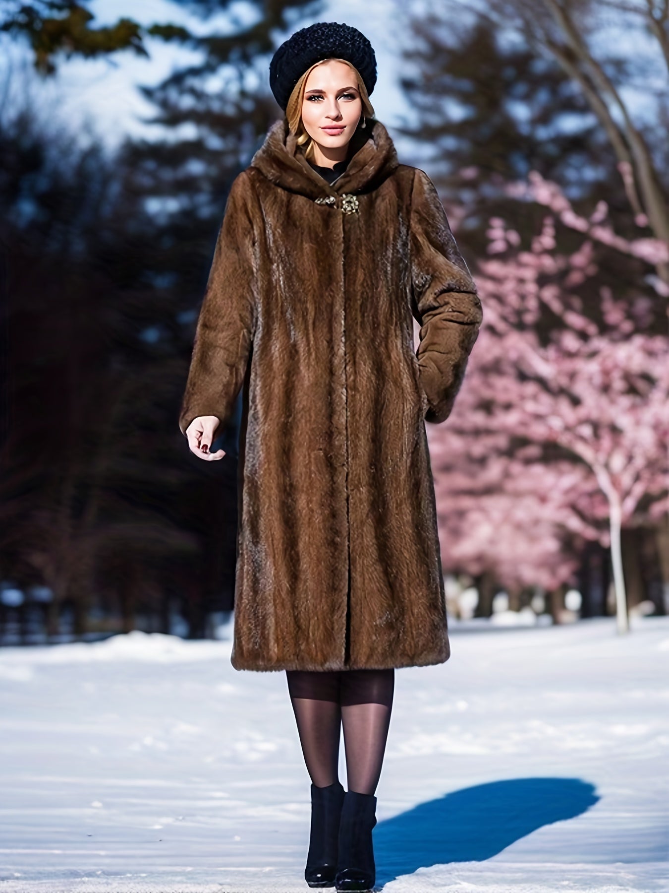 vlovelaw Open Front Faux Fur Hooded Coat, Elegant Thermal Long Sleeve Midi Coat For Winter, Women's Clothing