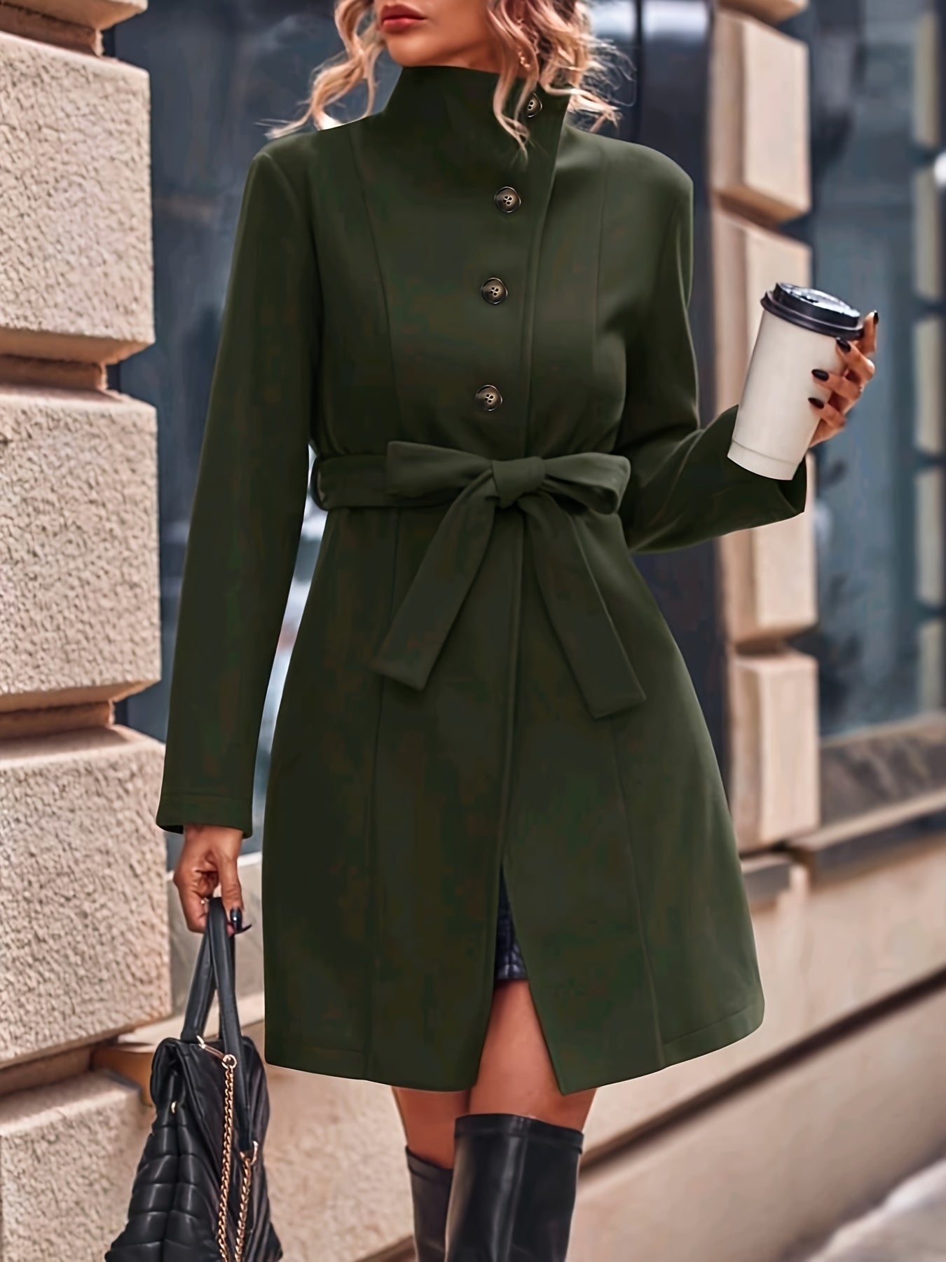 vlovelaw Button Front Solid Coat, Elegant Long Sleeve Fall & Winter Outerwear, Women's Clothing