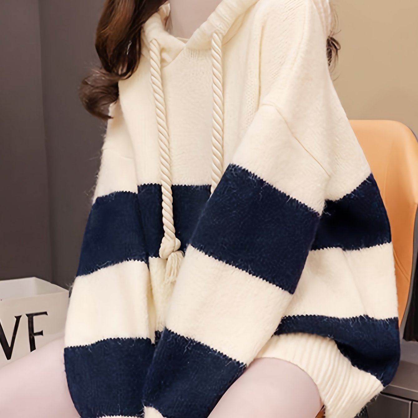 vlovelaw Color Block Drawstring Hooded Sweater, Casual Long Sleeve Oversized Pullover Sweater, Women's Clothing