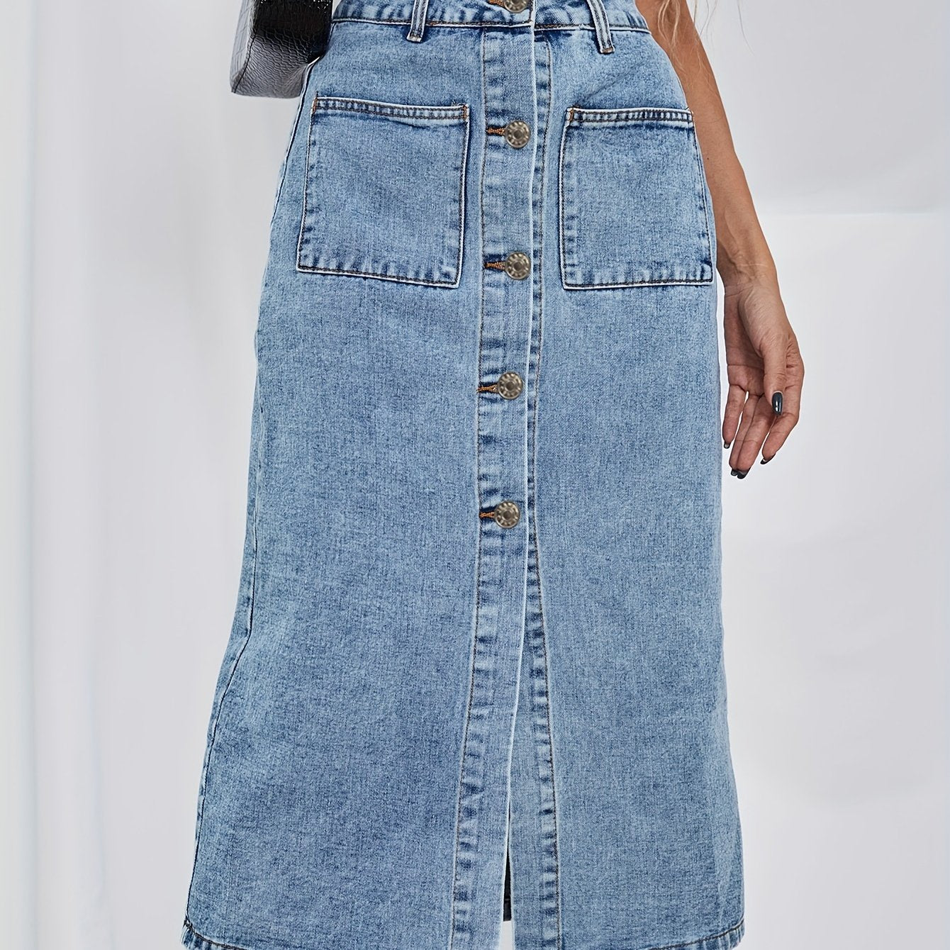 vlovelaw Single-breasted Button Denim Skirts, Patched Pocket Slim Fitted Elegant Denim Skirts, Women's Denim Clothing