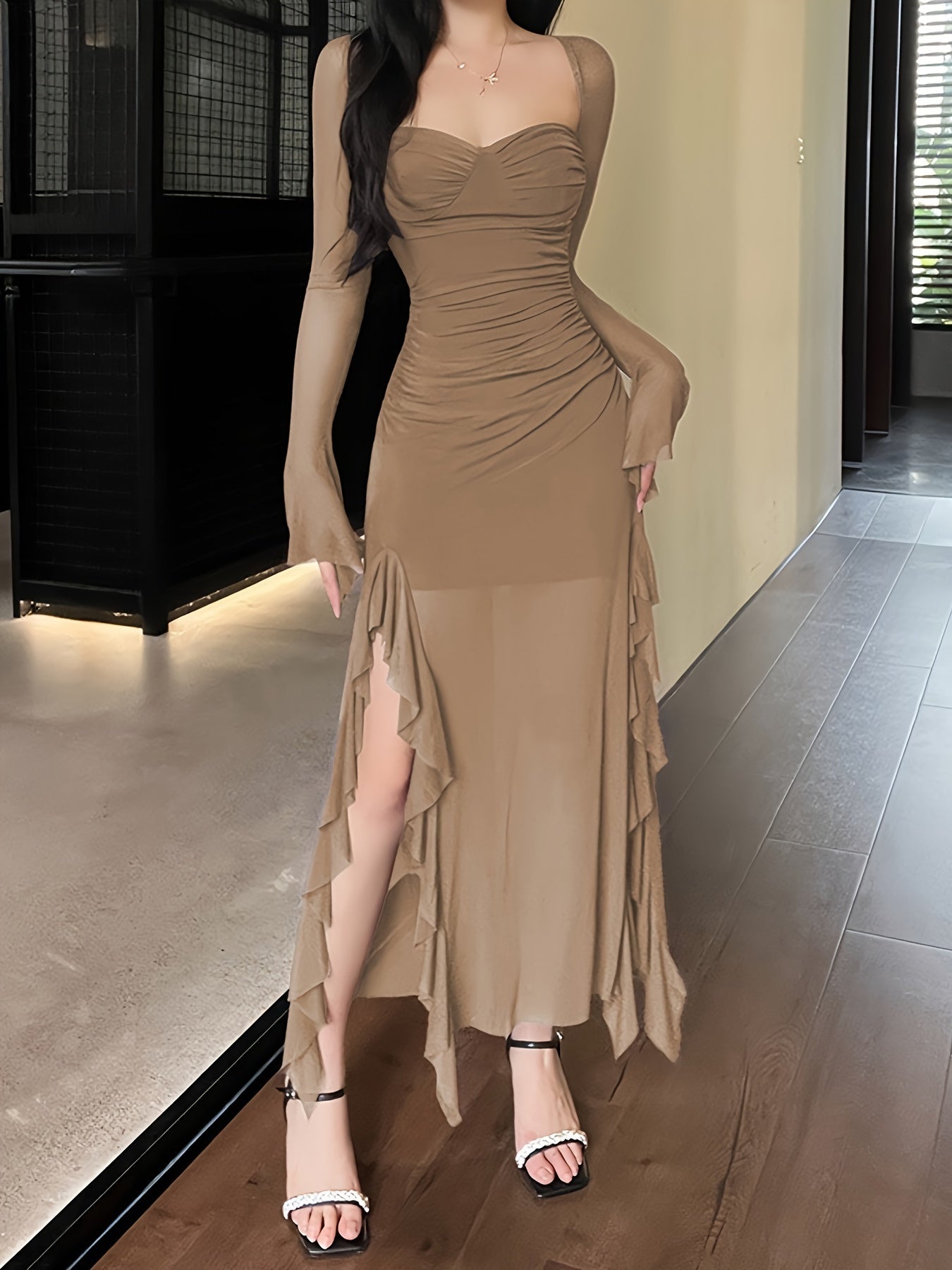 vlovelaw Solid Ruffle Trim Split Asymmetrical Dress, Elegant Flare Sleeve Mesh Ruched Dress, Women's Clothing
