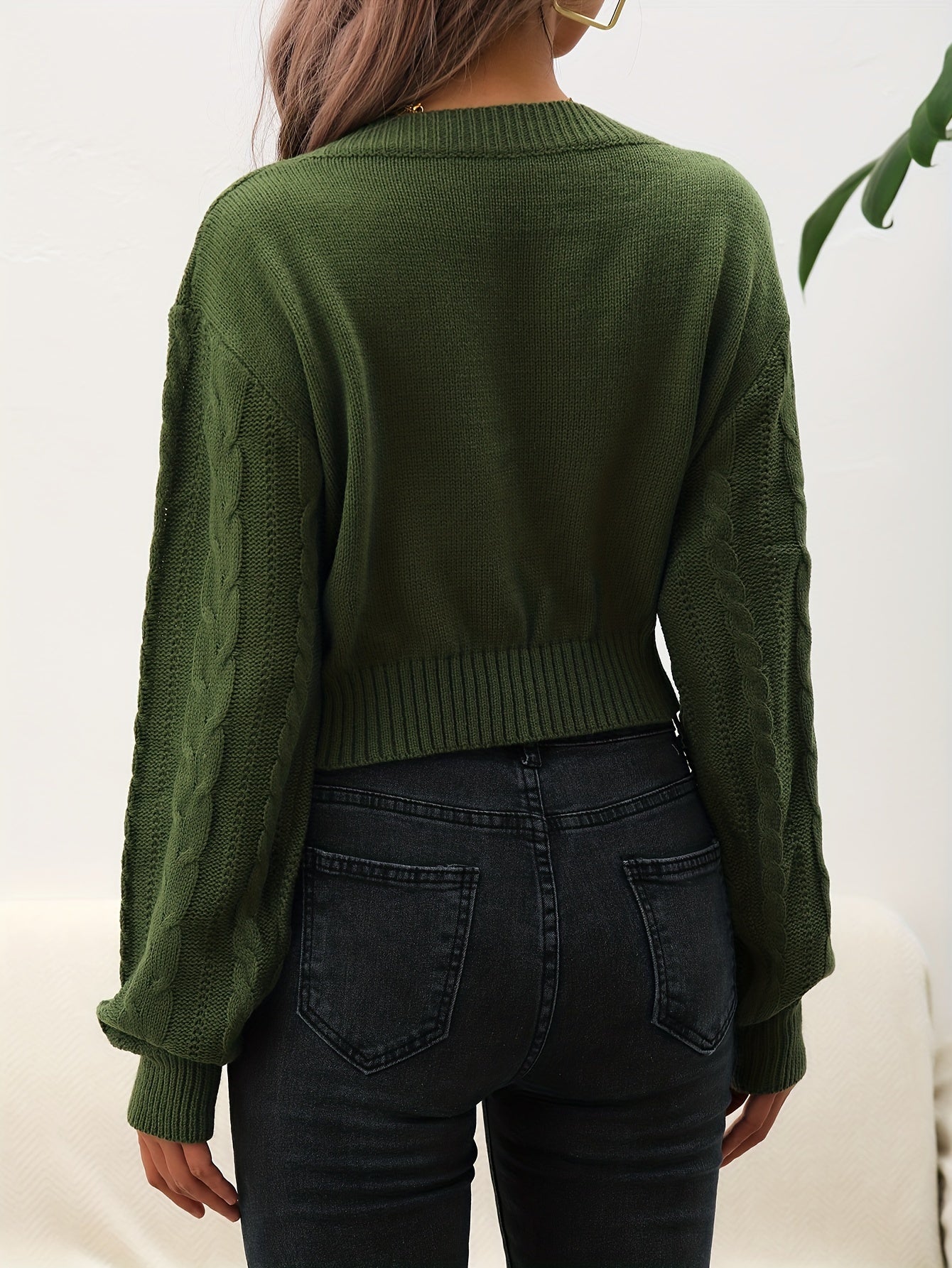 vlovelaw Solid Cable V Neck Sweater, Casual Long Sleeve Drop Shoulder Sweater, Women's Clothing