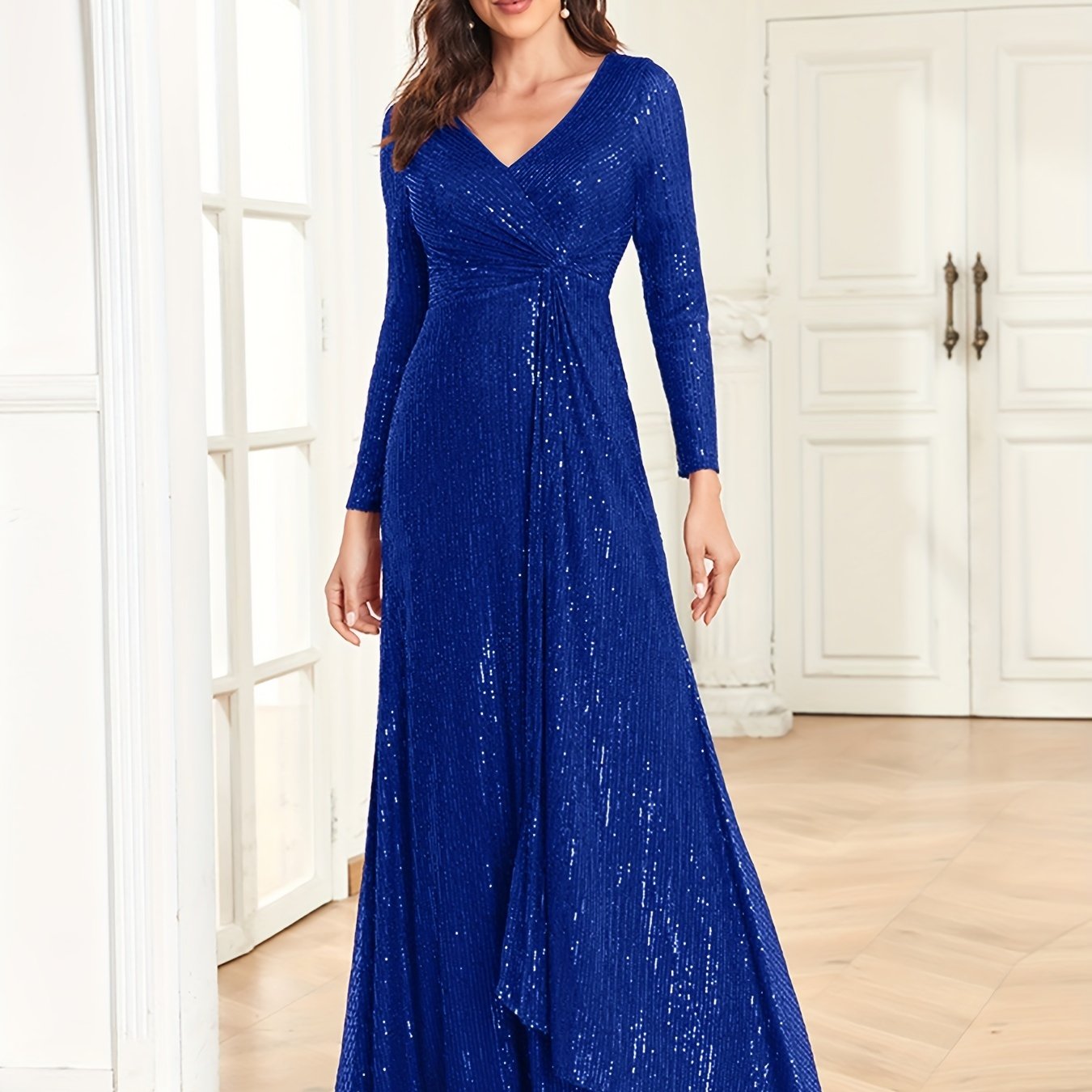 vlovelaw Sequined Twist Front Dress, Elegant Long Sleeve V-Neck Dress For Party, Women's Clothing