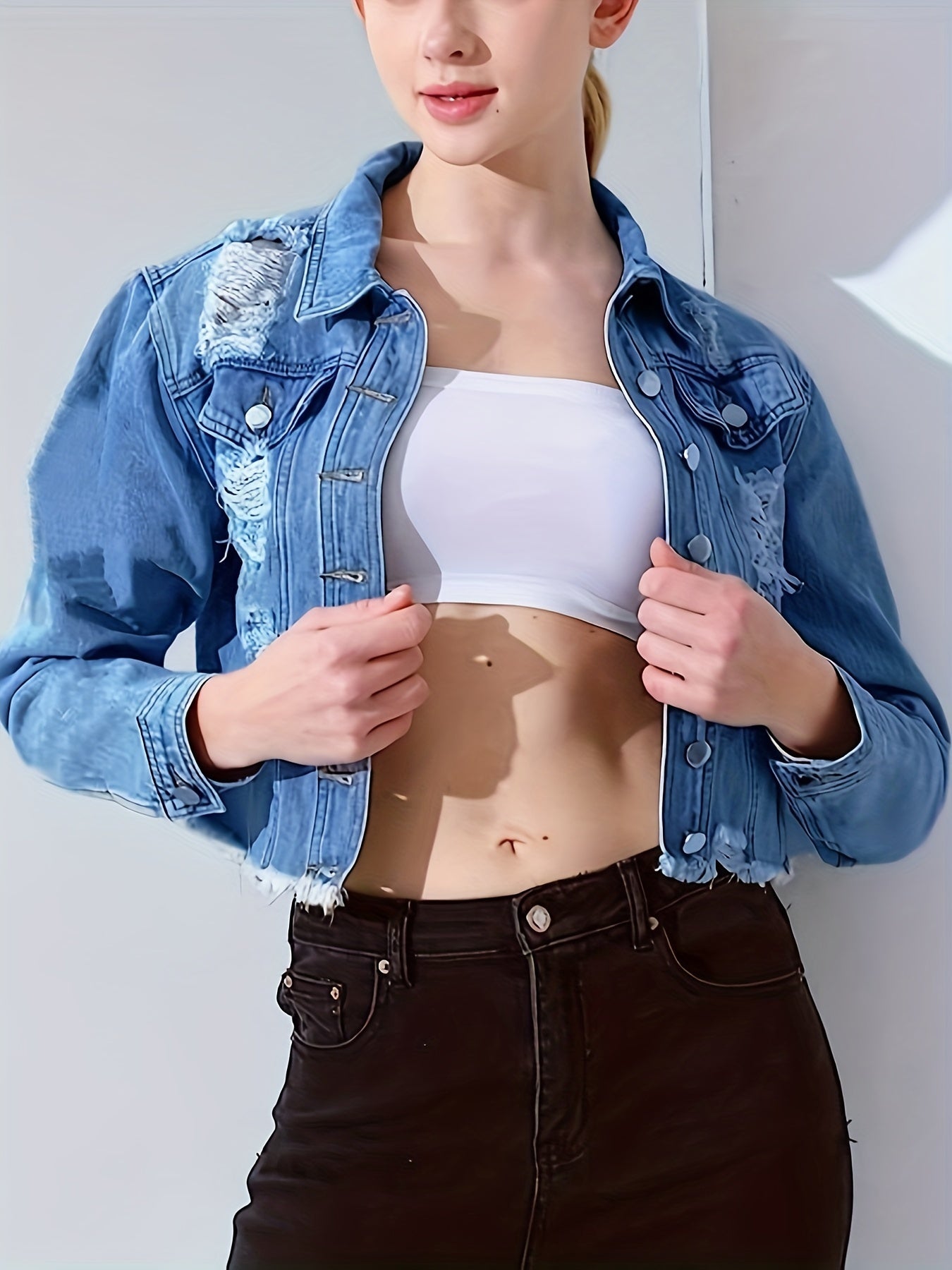 vlovelaw Blue Ripped Holes Denim Jackets, Long Sleeves Distressed Frayed Hem Lapel Denim Coats, Women's Denim Clothing