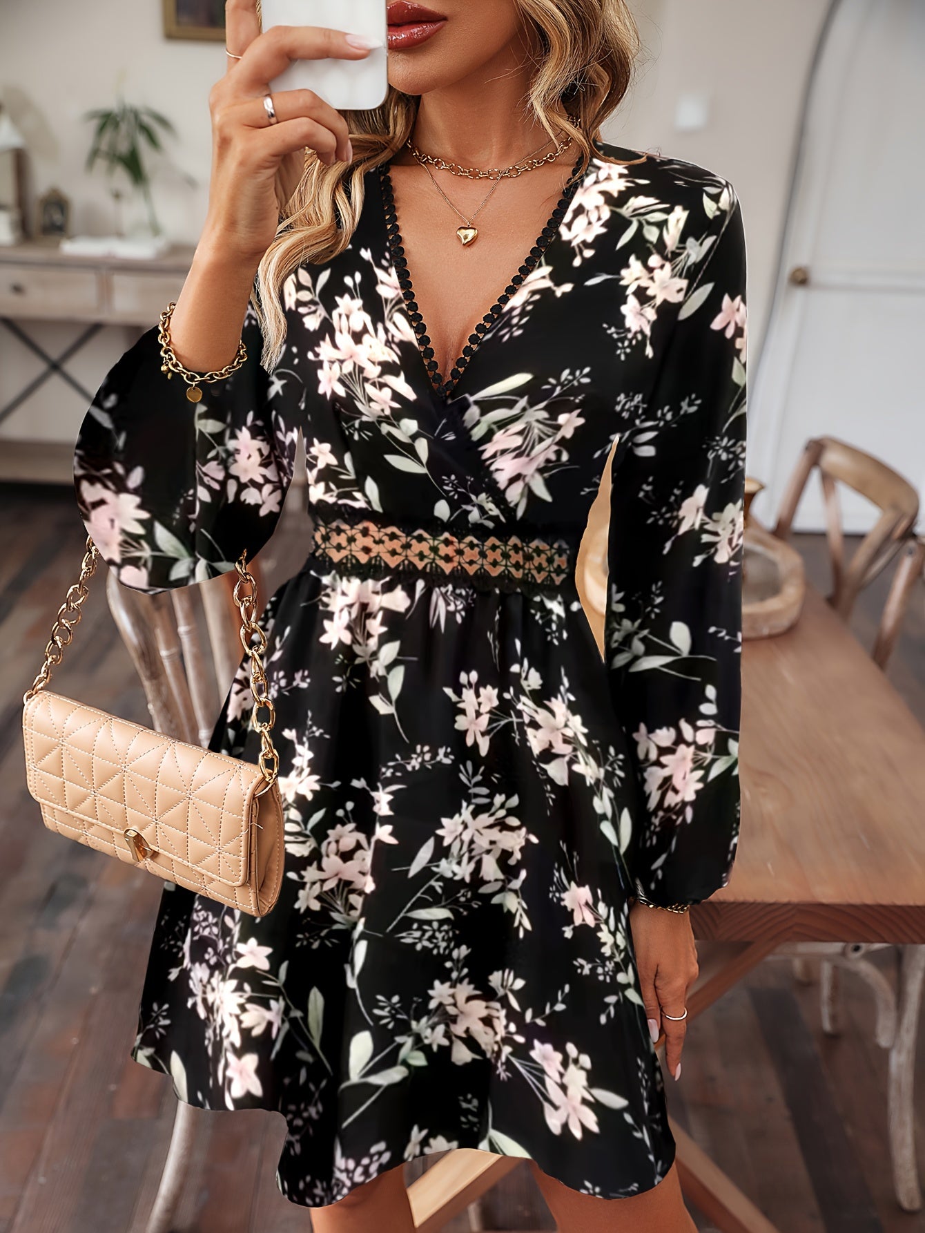 Floral Print Surplice Neck Dress, Elegant Long Sleeve A Line Dress, Women's Clothing