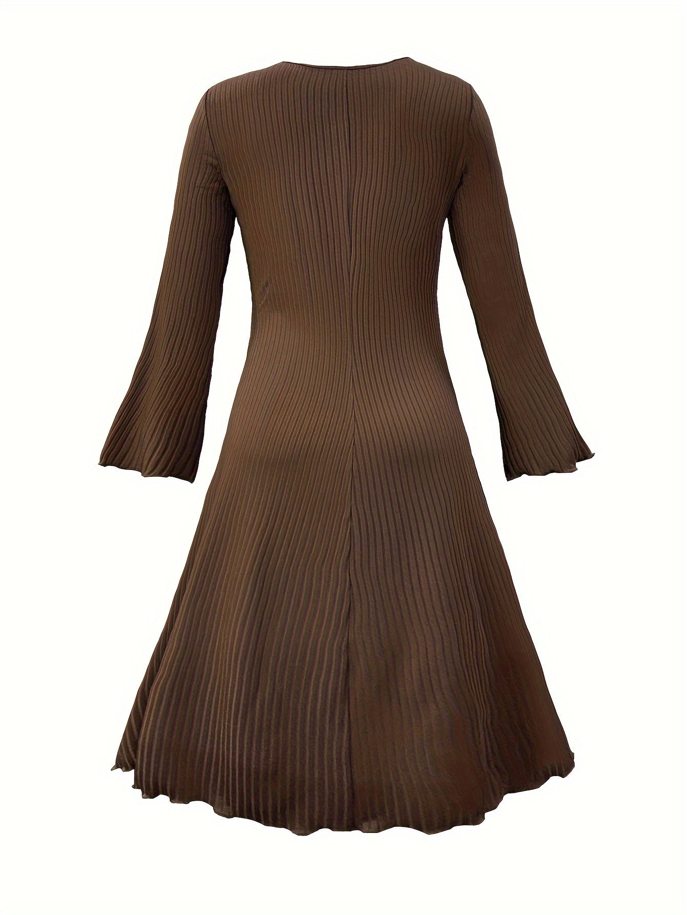 vlovelaw Plus Size Basic Dress, Women's Plus Solid Ribbed Bell Sleeve Round Neck Slight Stretch Dress