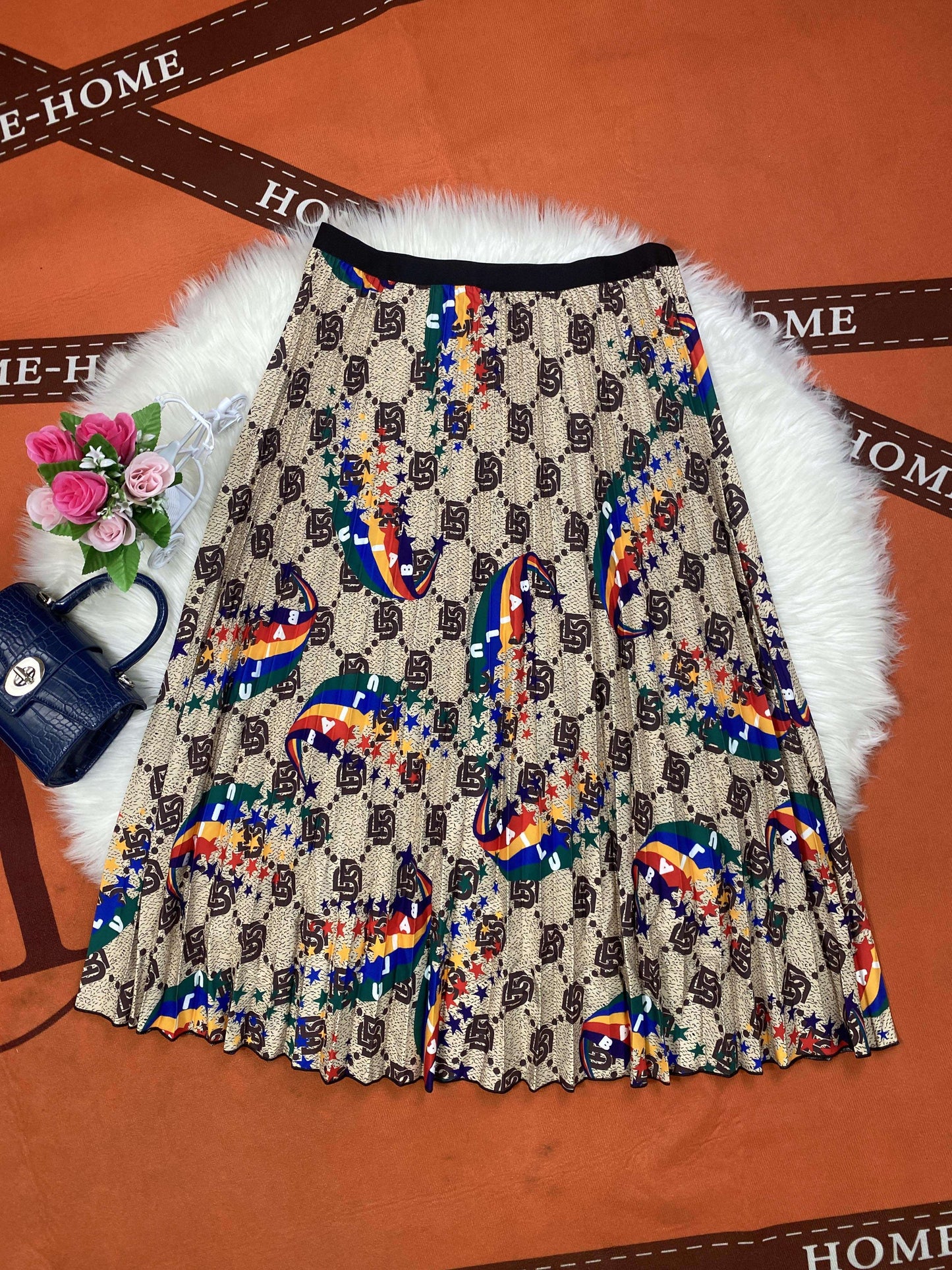 Plus Size Elegant Skirt, Women's Plus Geometric & Rainbow Print Elastic High Rise Pleated Maxi Skirt