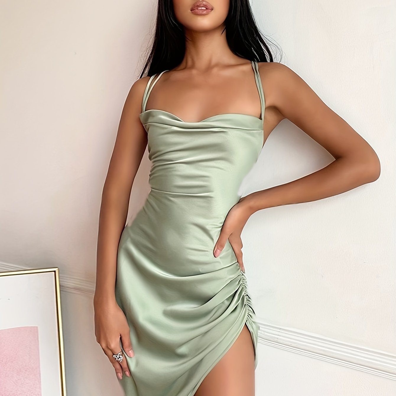 Backless Halter Neck Ruched Dress, Sexy Solid Sleeveless Asymmetric Hem Party Dress, Women's Clothing
