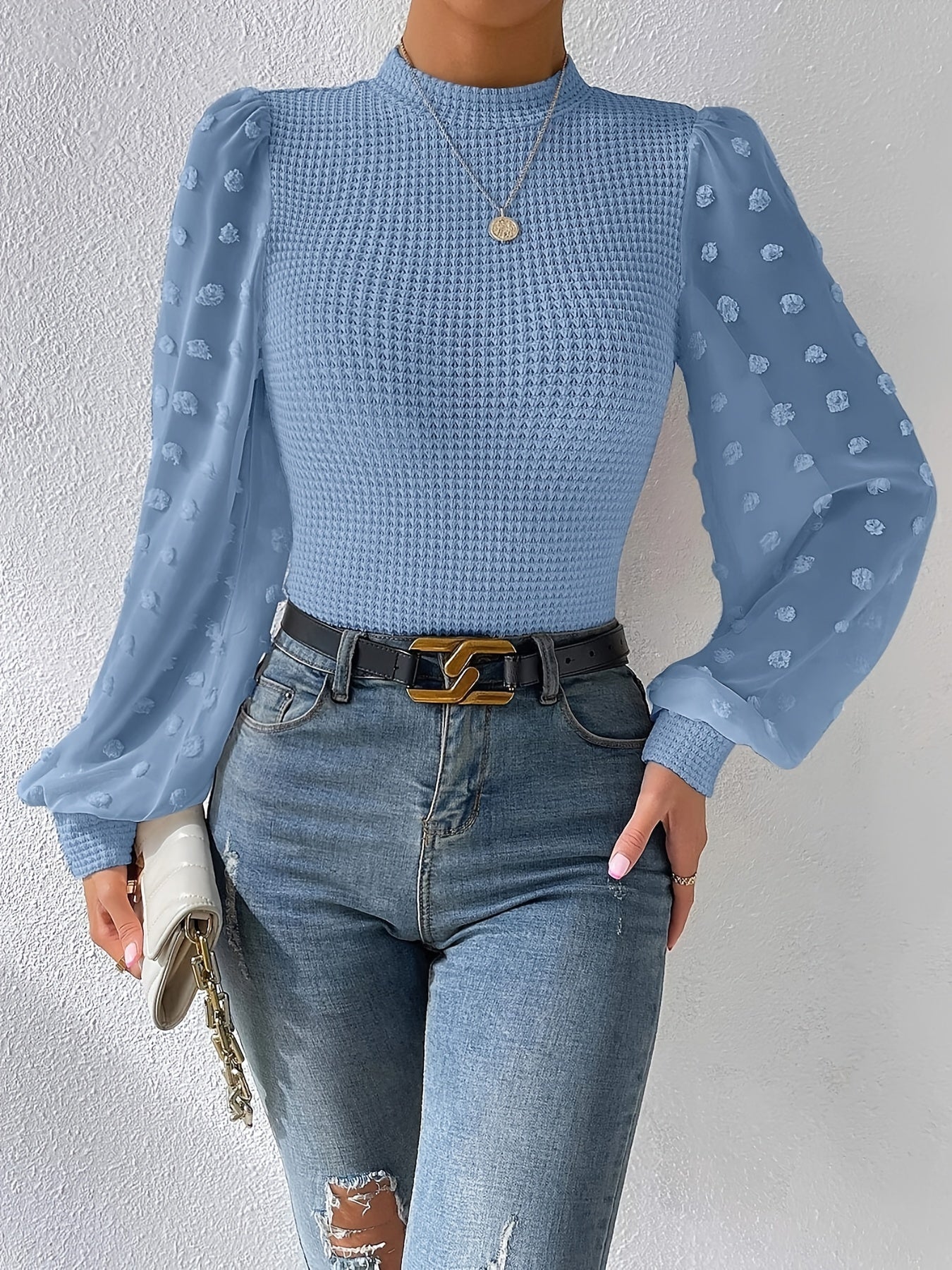 vlovelaw Swiss Dot Mock Neck Blouse, Casual Long Lantern Sleeve Blouse For Spring & Fall, Women's Clothing