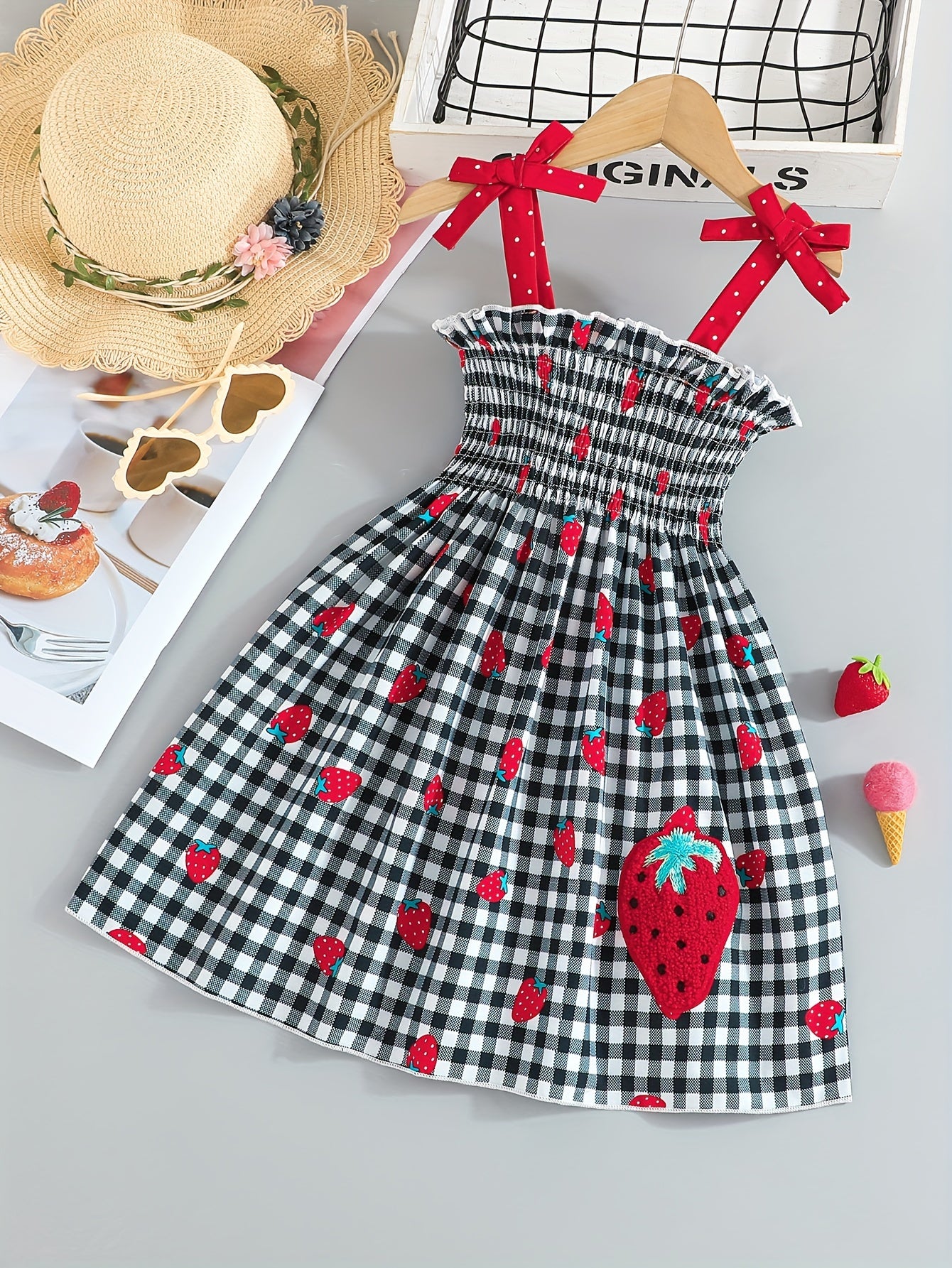 Adorable Sleeveless Strawberry Plaid Print Umbrella Skirt Dress for Girls - Cute Bow Straps, Slight Stretch Fabric, Flared Hem, Regular Fit, Perfect for Summer Holiday Party