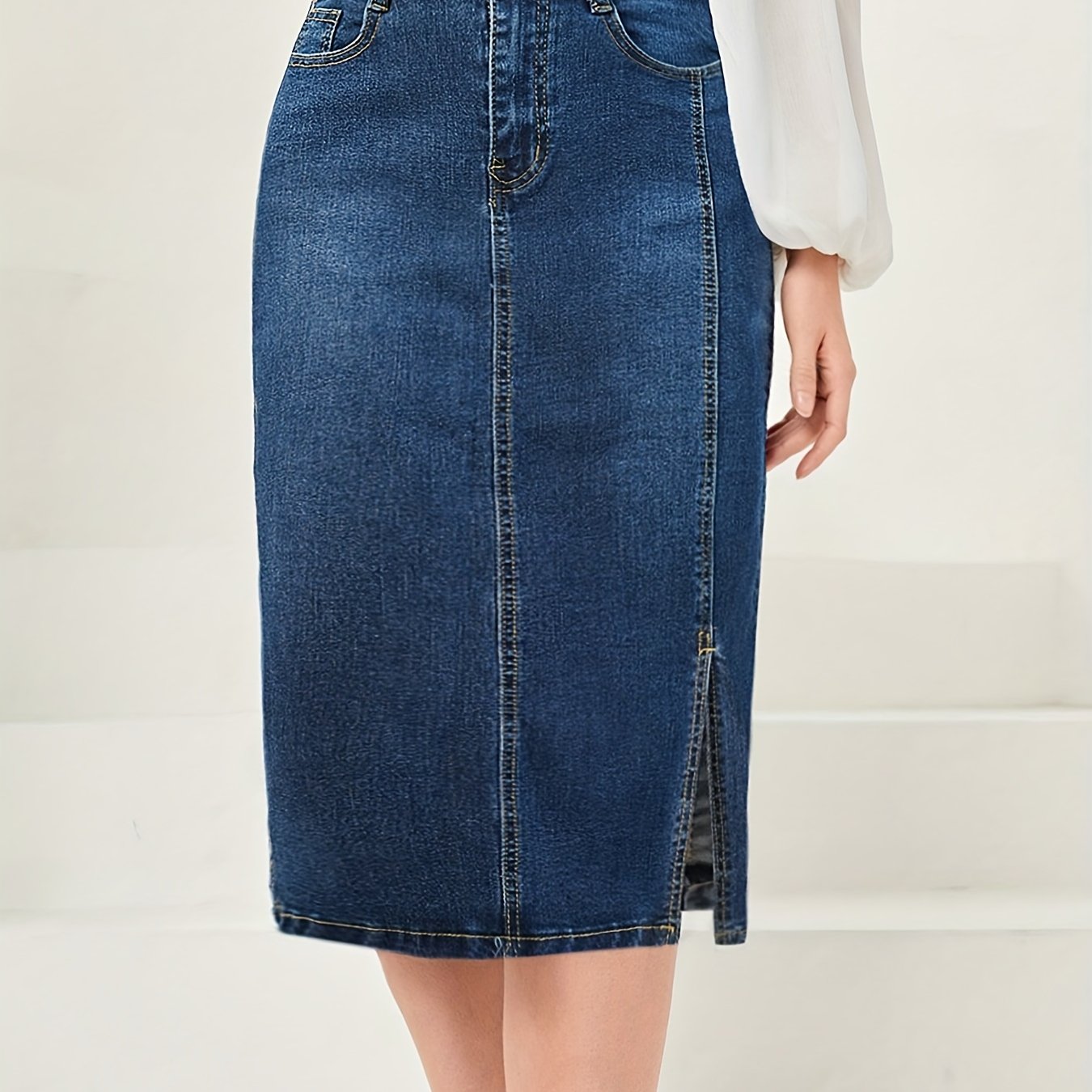 Side Split Vintage Washed Midi Denim Skirt, Zipper Button Closure Solid Color Slash Pocket Denim Skirt, Women's Denim Jeans & Clothing