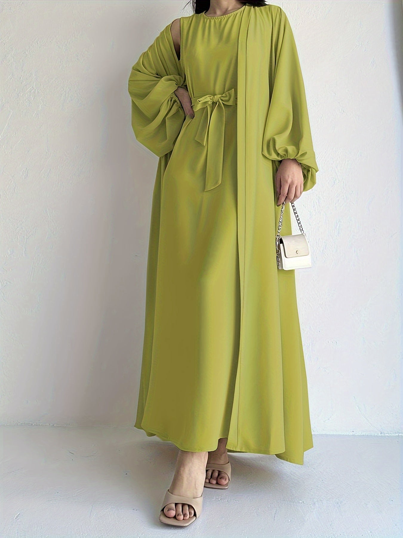 vlovelaw Ramadan Elegant Solid Two-piece Set, Open Front Coverup & Tie Waist Abayas Outfits, Women's Clothing