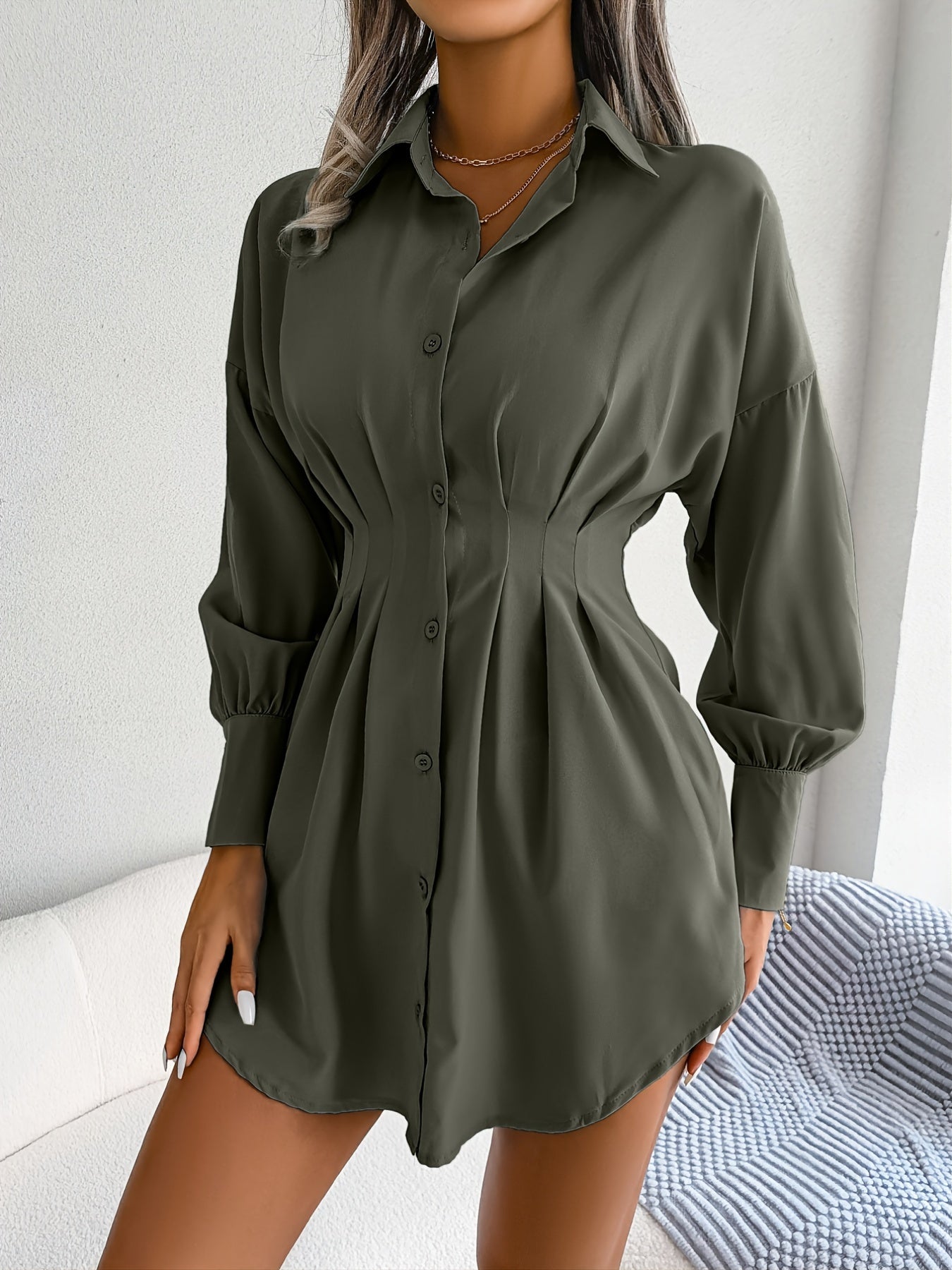 Lantern Sleeve Pleated Waist Dress, Casual Shirt Dress For Spring & Fall, Women's Clothing