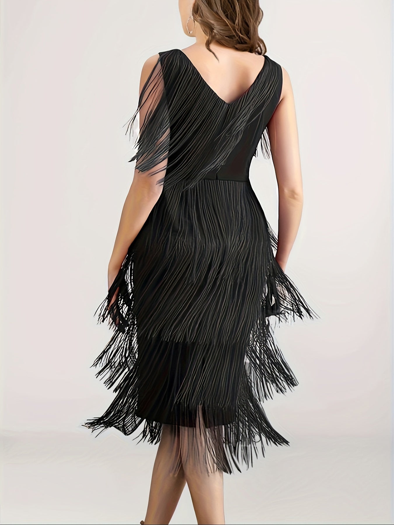 vlovelaw Plus Size Elegant Wedding Dress, Women's Plus Solid Tassel Trim V Neck Bodycon Party Tank Dress
