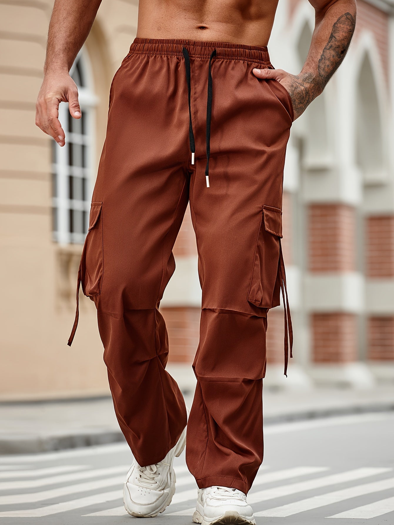 vlovelaw Solid Men's Chic Daily Cargo Pants With Big Pockets And Drawstring, All Seasons Outdoor Pants