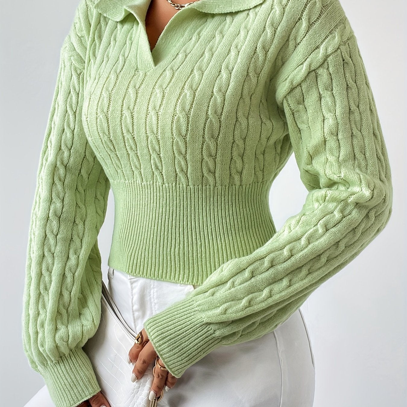 Twist Textured V Neck Knitted Top, Casual Long Sleeve Sweater For Fall & Winter, Women's Clothing