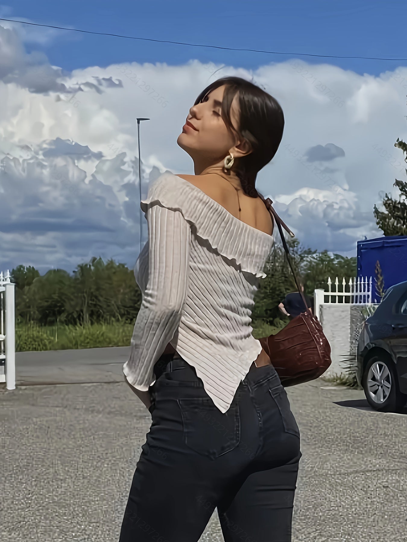 vlovelaw Ribbed Off Shoulder Asymmetrical Hem T-Shirt, Casual Long Sleeve Top For Spring & Fall, Women's Clothing