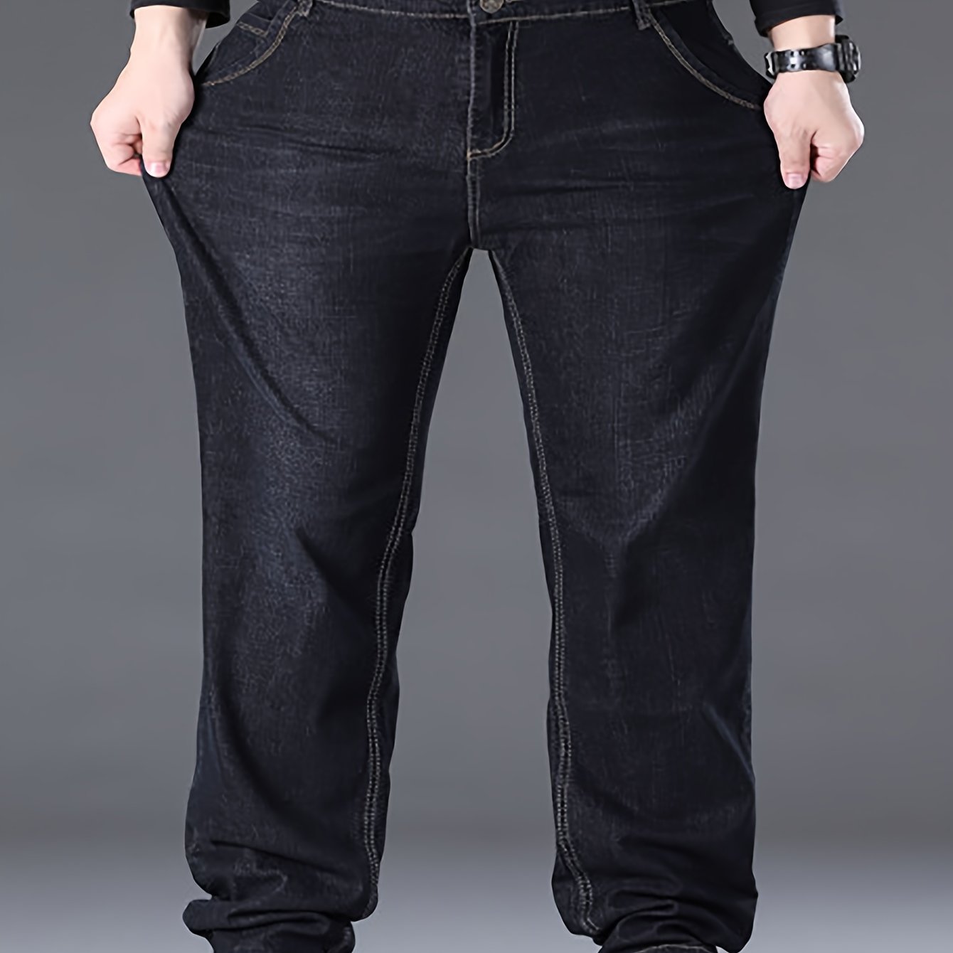vlovelaw Plus Size Men's Solid Denim Pants Casual Oversized Loose Fit Jeans For Spring Fall Winter, Men's Clothing
