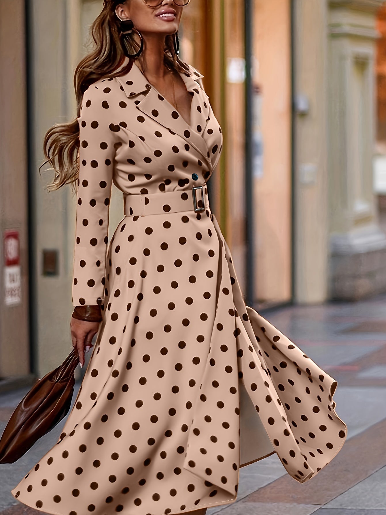 vlovelaw Plus Size Elegant Dress, Women's Plus Polka Dot Print Long Sleeve Lapel Collar Nipped Waist Dress