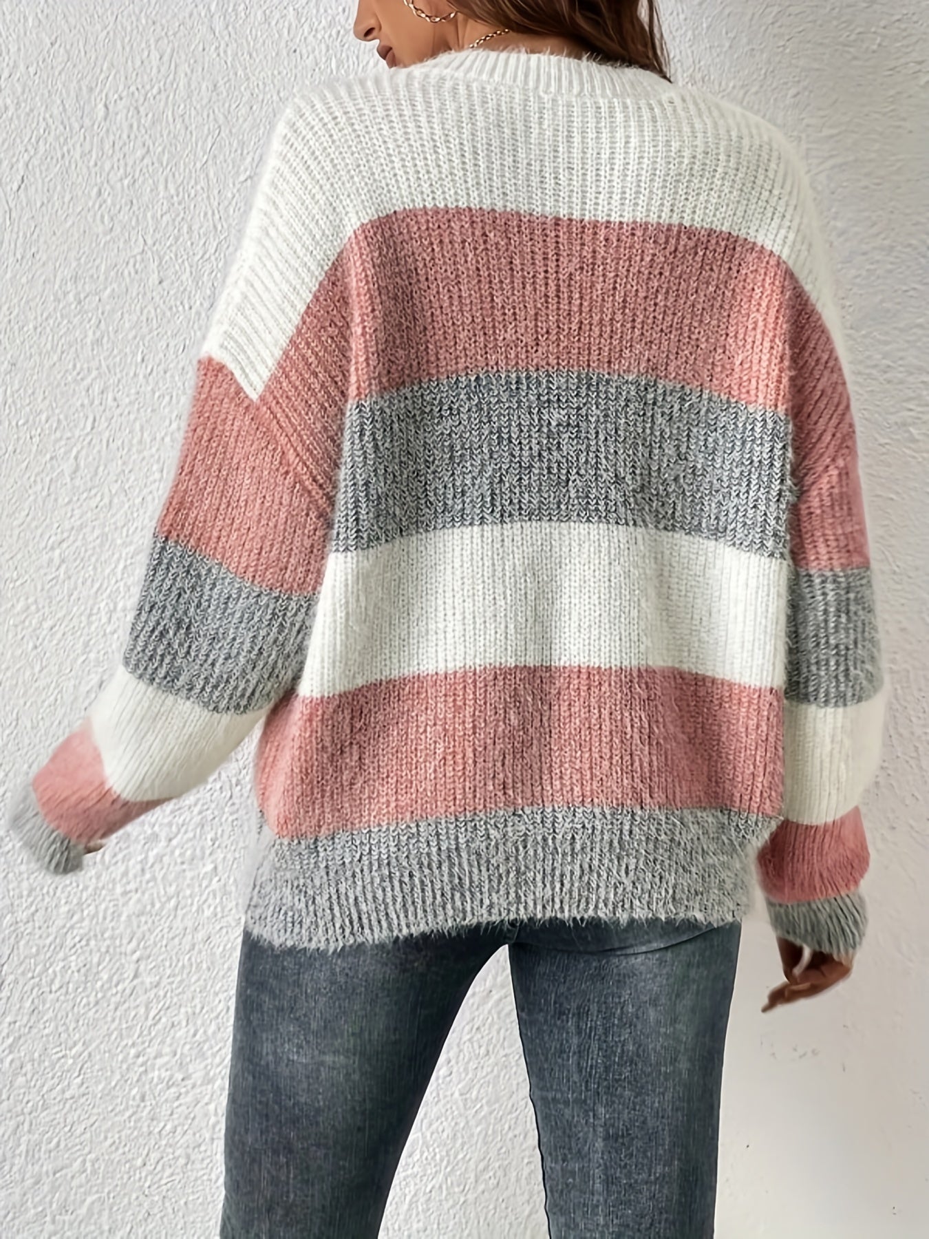 Color Block Crew Neck Pullover Sweater, Casual Long Sleeve Sweater For Fall & Winter, Women's Clothing