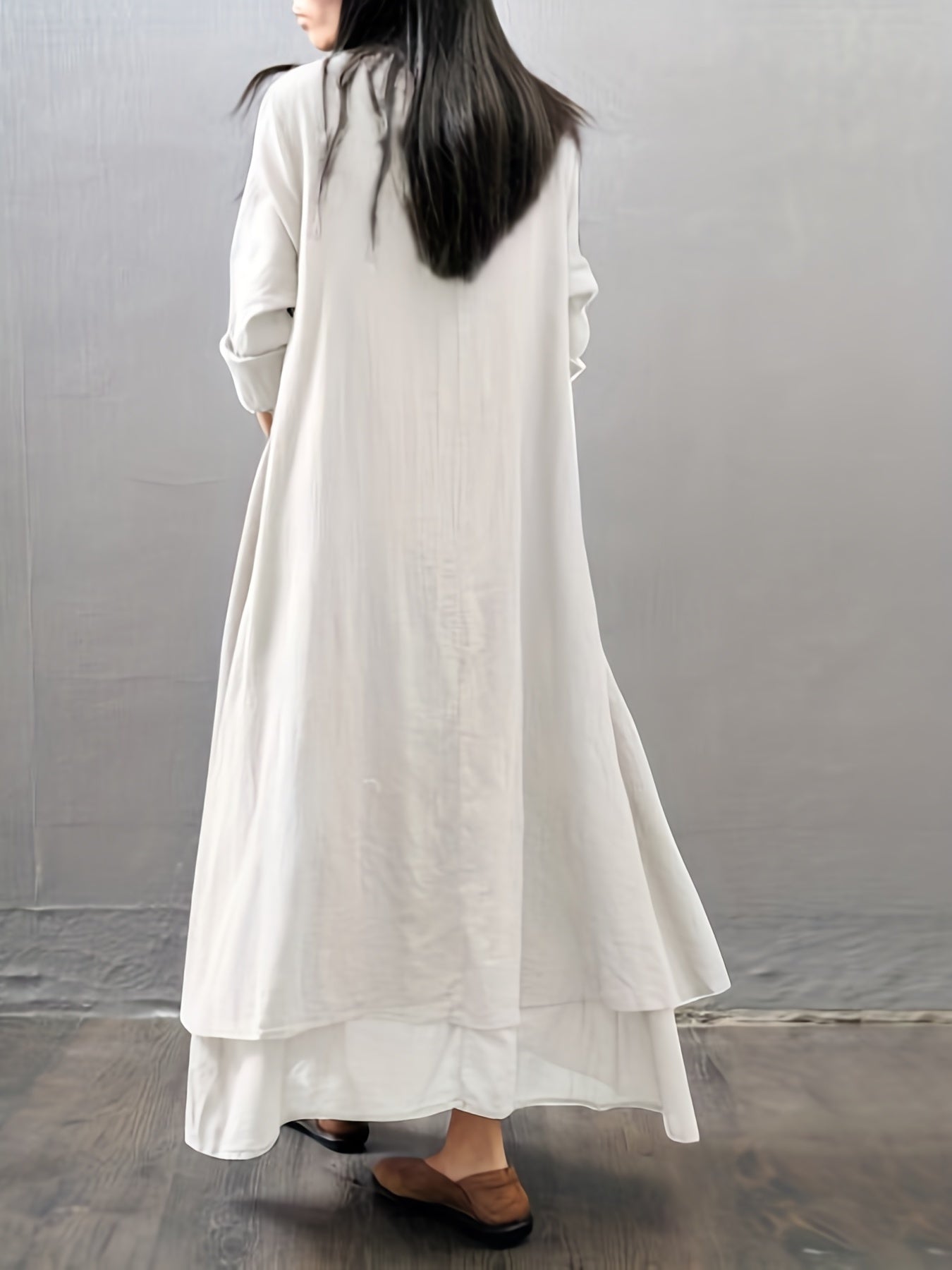 Layered Solid Dress, Casual V Neck Long Sleeve Maxi Dress, Women's Clothing