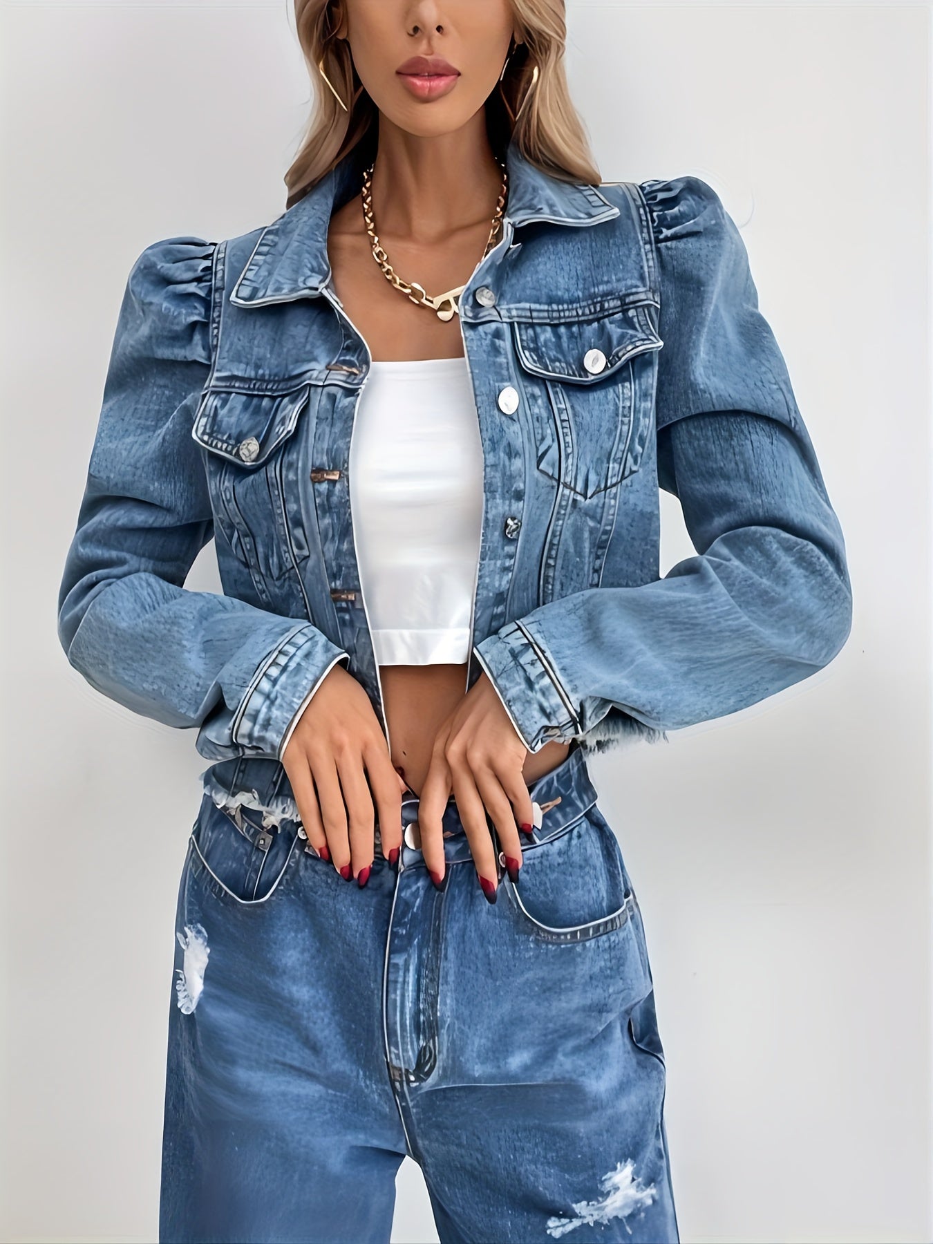 Blue Puff Long Sleeves Denim Jackets, Raw Hem Washed Cropped Lapel Denim Coats, Women's Denim Clothing