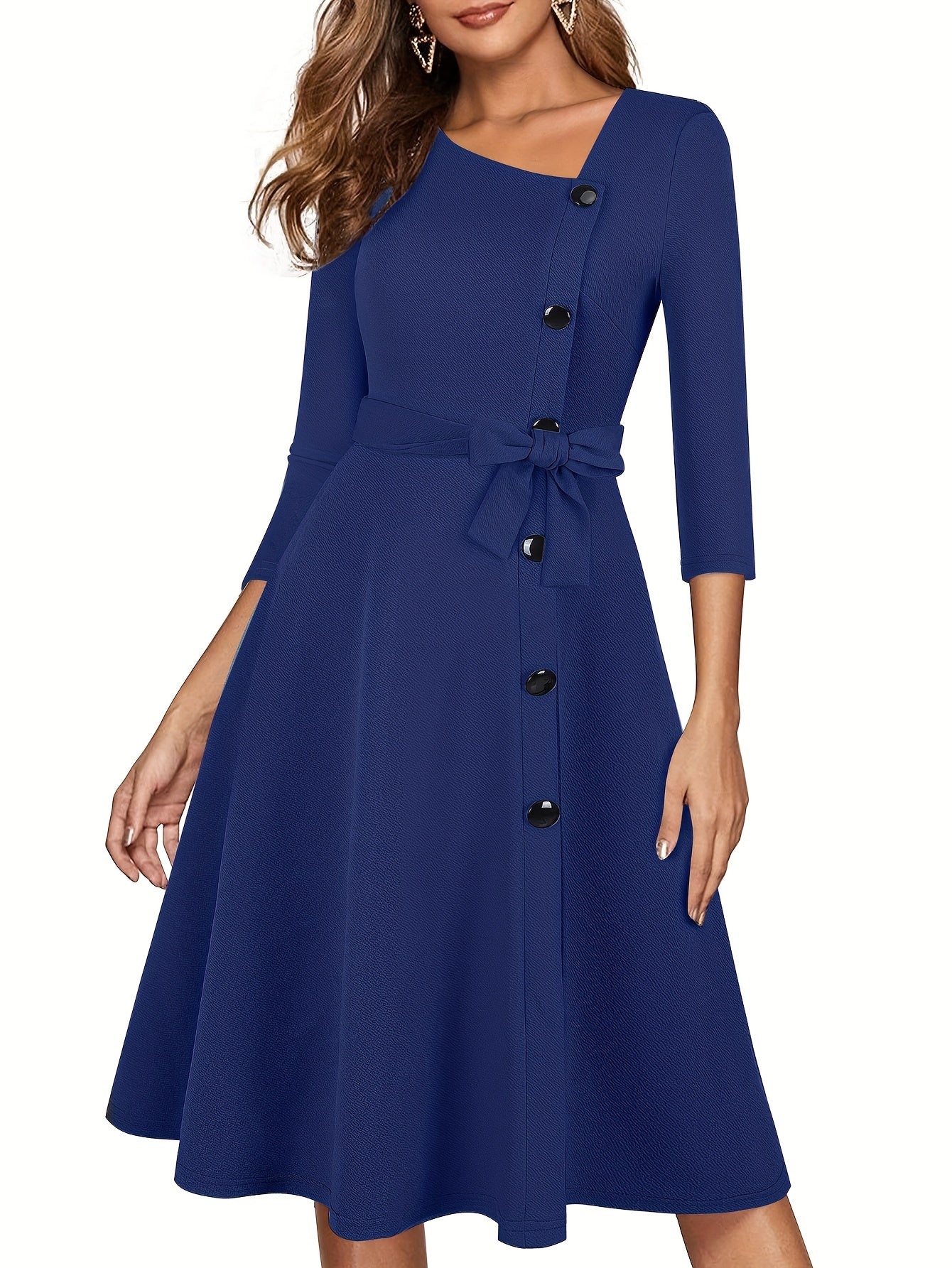 vlovelaw Asymmetrical Neck Solid Dress, Elegant 3/4 Sleeve Mini Dress, Women's Clothing