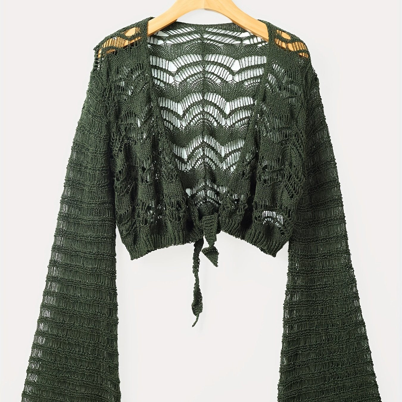 vlovelaw Crochet Cropped Knit Cardigan, Boho Flared Sleeve Solid Sweater, Women's Clothing