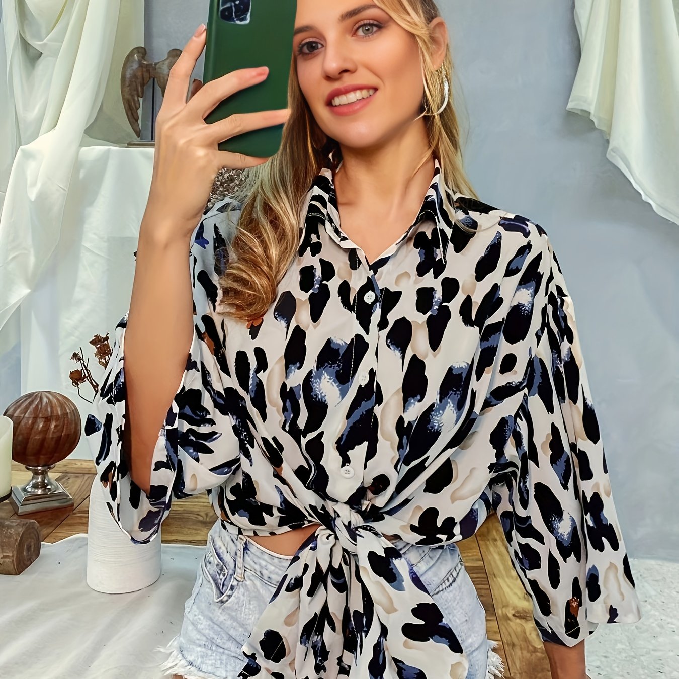 3/4 Sleeve Tie Front Shirt, Casual Every Day Top For Summer & Spring, Women's Clothing