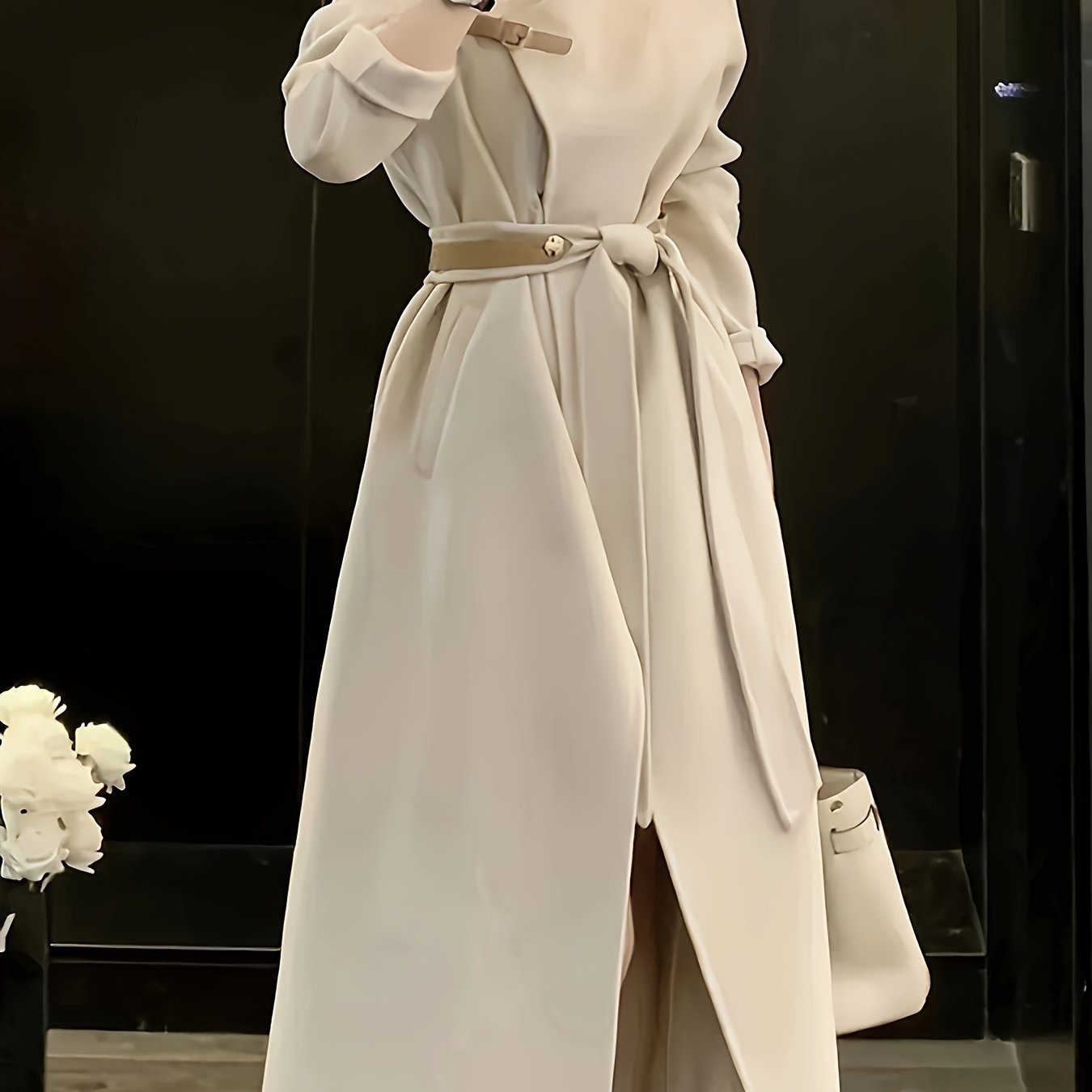 vlovelaw Solid Open Front Overcoat, Elegant Long Sleeve Belted Outwear For Fall & Winter, Women's Clothing