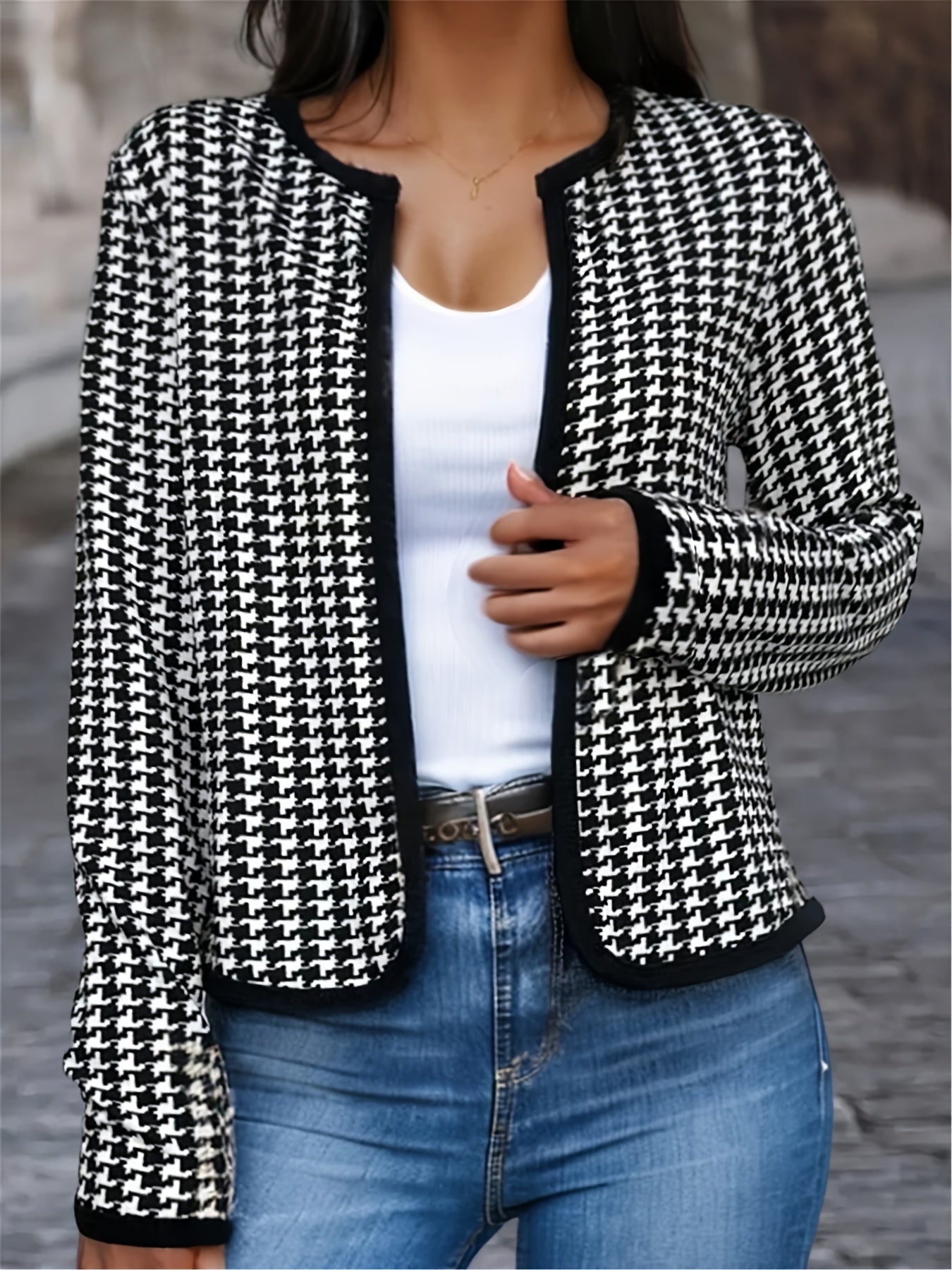 Plaid Print Crew Neck Long Sleeve Crop Jacket, Casual Loose Comfy Stylish Open Front Outerwear, Women's Clothing