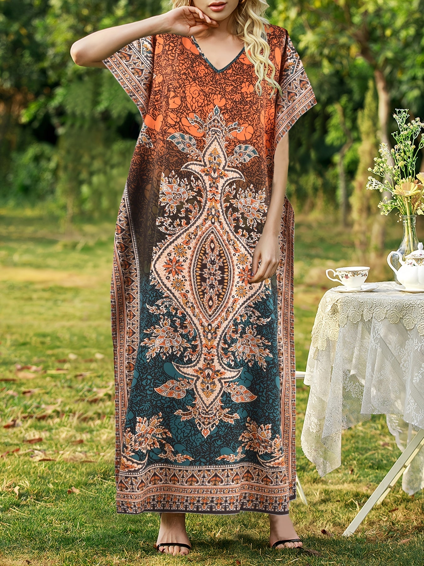 Graphic Print V-neck Dress, Casual Short Sleeve Split Dress For Spring & Summer, Women's Clothing