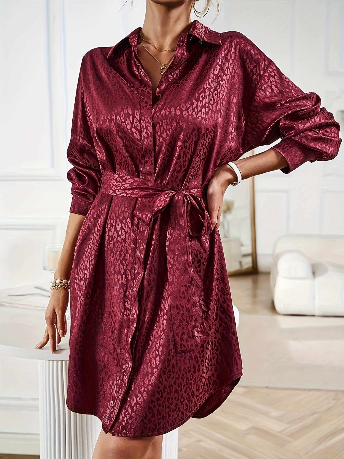 Leopard Pattern Polo Collar Belted Dress, Casual Button Front Long Sleeve Dress, Women's Clothing