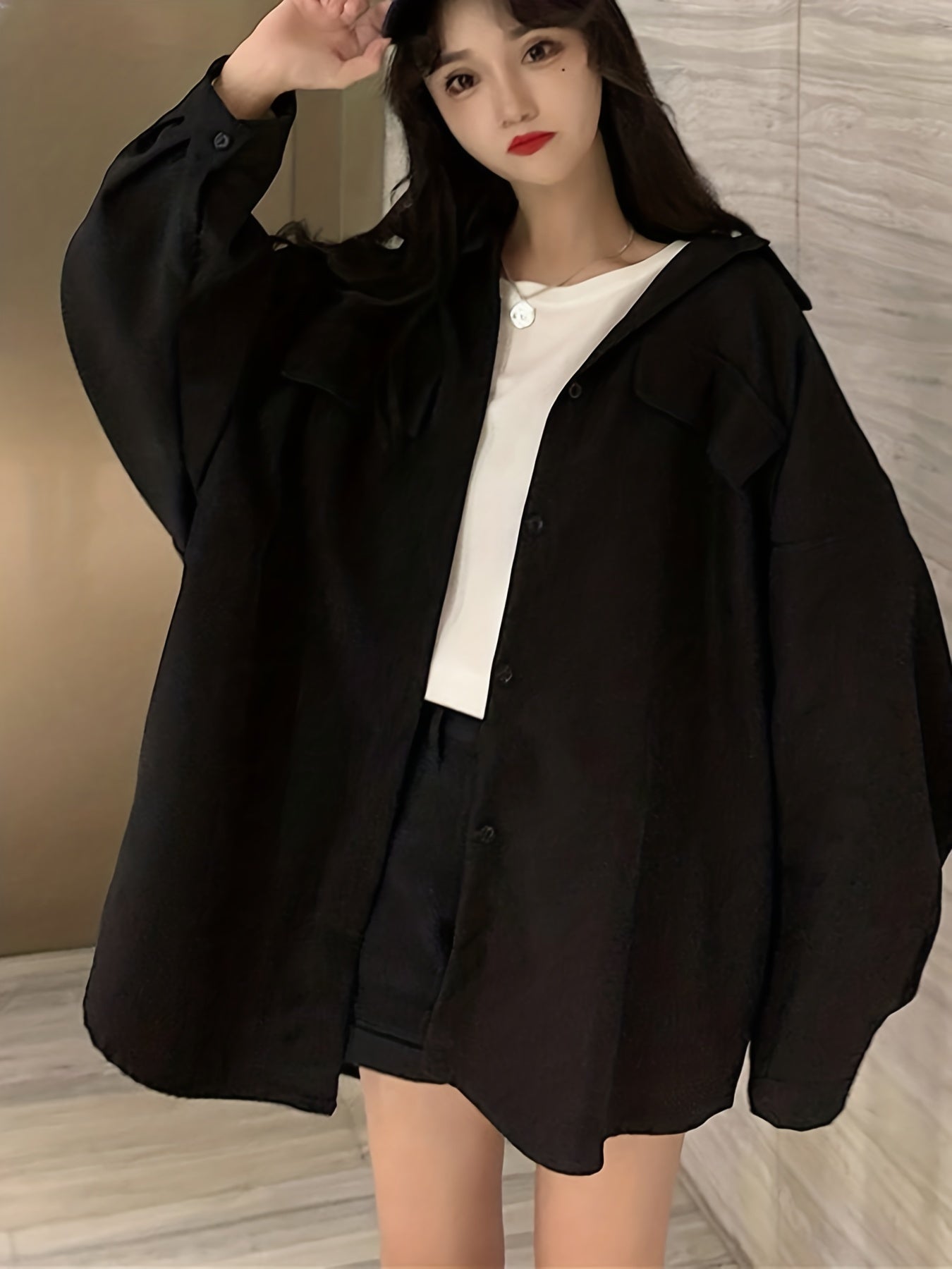 vlovelaw Solid Oversized Shirt, Casual Button Front Long Sleeve Collared Shirt, Women's Clothing